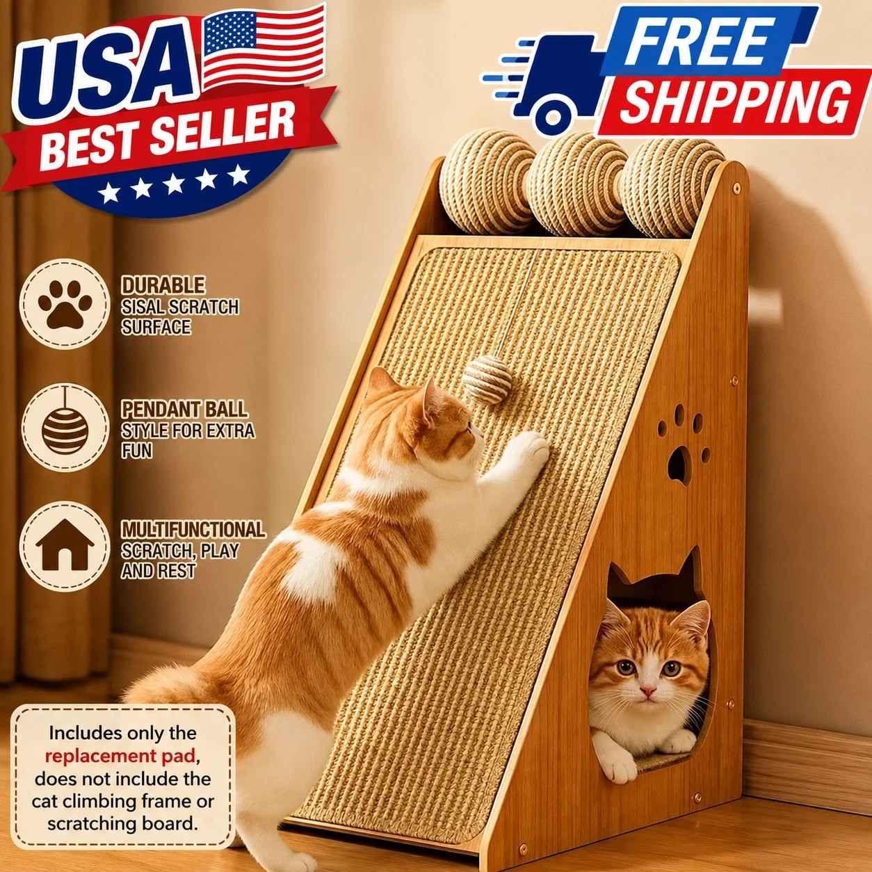 Standing Sisal Cat Scratching Post with Hanging Ball Space Saving Cat Furniture Standing Sisal Cat Scratching Post with Hanging Ball Space Saving Cat Furniture
