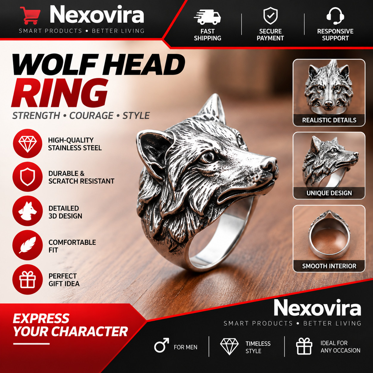 Men's Wolf Ring 316L Stainless Steel Viking Gothic Biker Punk Silver Size 7-12