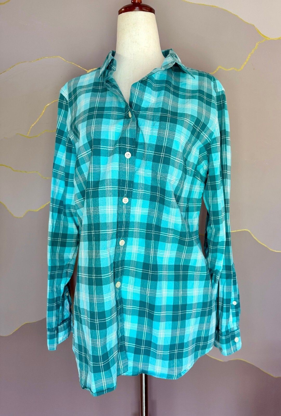 L.L.Bean Women M Teal Aqua Plaid 100% Cotton Button Down Flannel Shirt