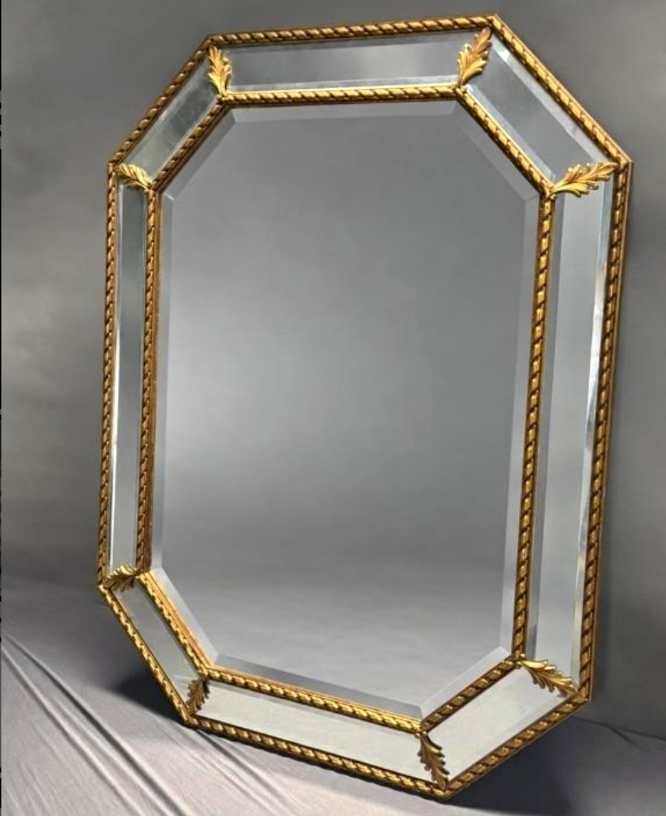 Vintage Italian Octagonal Wall Mirror Gold Gilt Beveled Edge 34” x 26”
