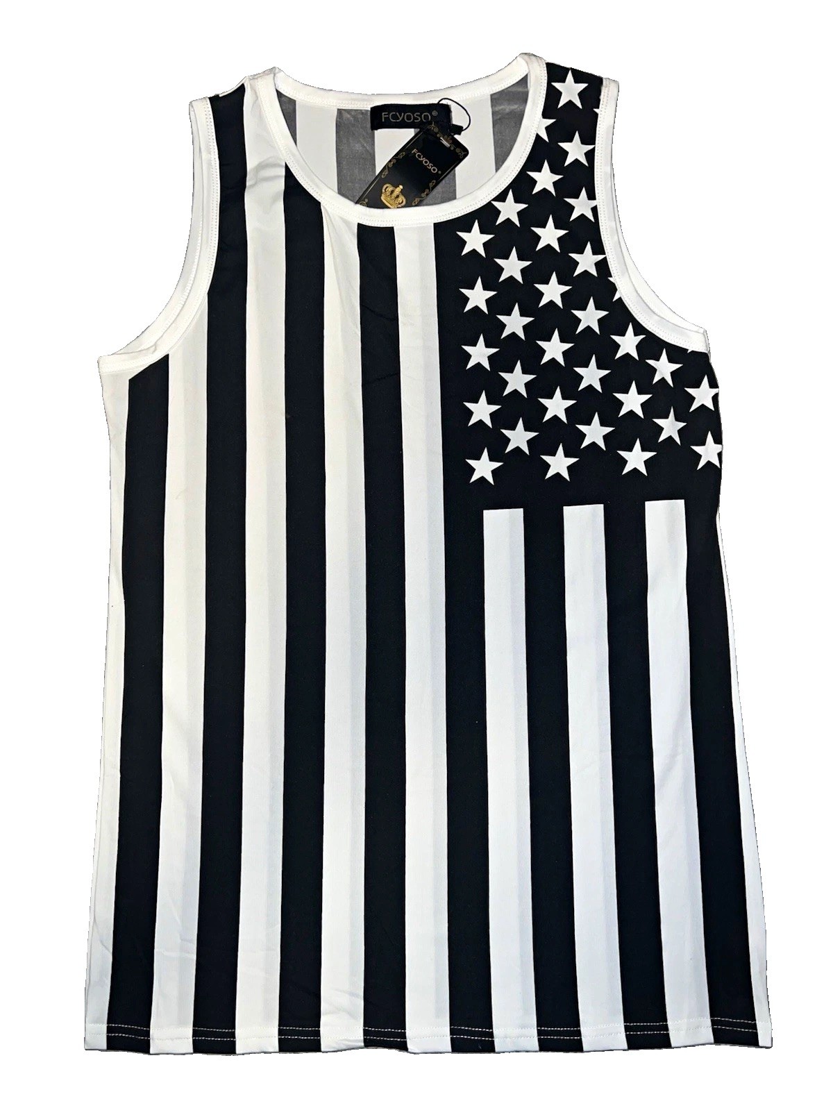 FCYOSO Men\'s M US Flag Stars Graphic Sleeveless Tank Top, Black/White Round Neck FCYOSO Men\'s M US Flag Stars Graphic Sleeveless Tank Top, Black/White Round Neck