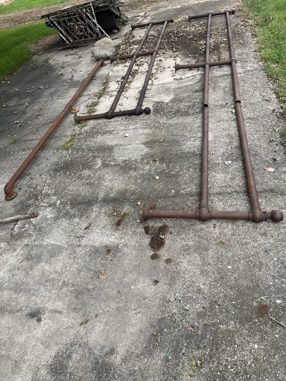 antique metal pipe railings lot w/ cast steel bases & ball finials reclaimed antique metal pipe railings lot w/ cast steel bases & ball finials reclaimed