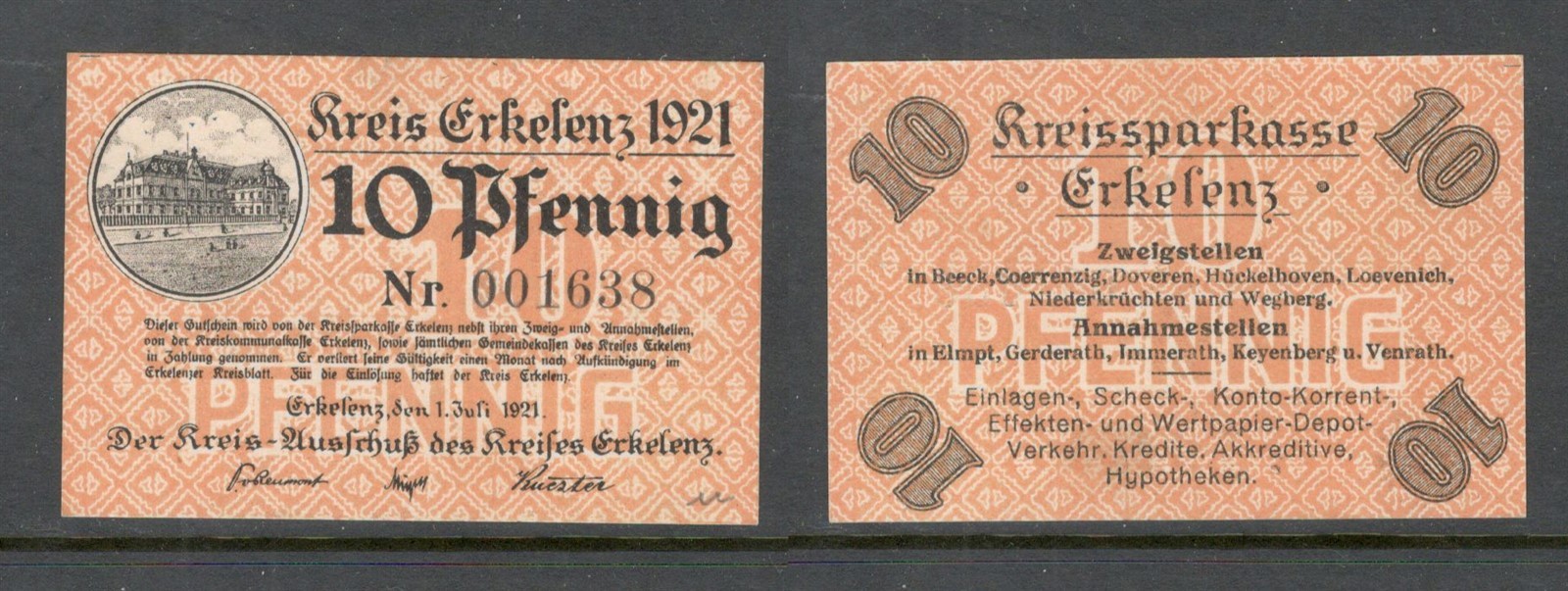 German Notgeld ERKELENZ 10 Pfennig { 1.JULI.1921 } UNC