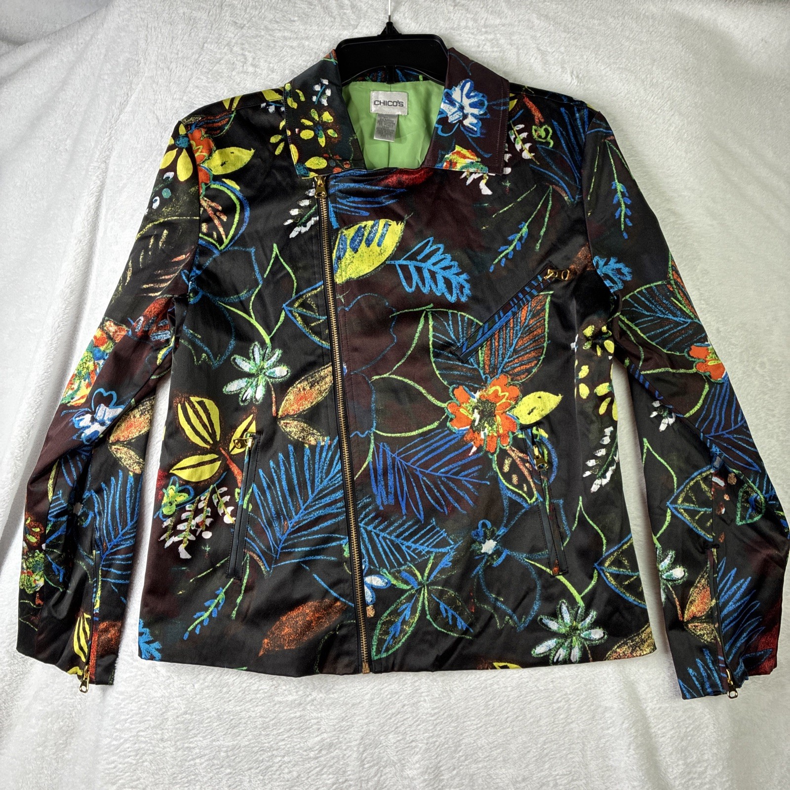 Chicos Size 1 Medium Tropical Floral Botanical Zip Front Jacket Boho Multicolor