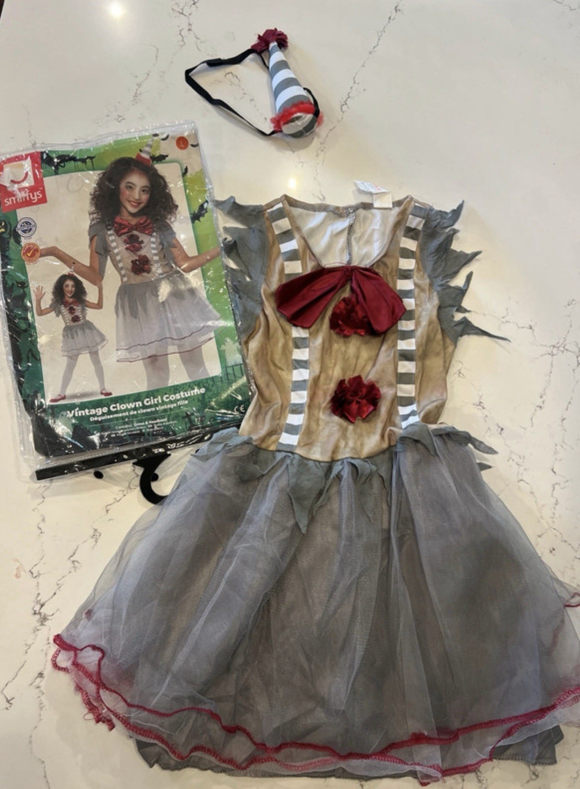 Smiffys vintage Clown Girl Halloween Dress Costume w/ Hat  Girls 10-12