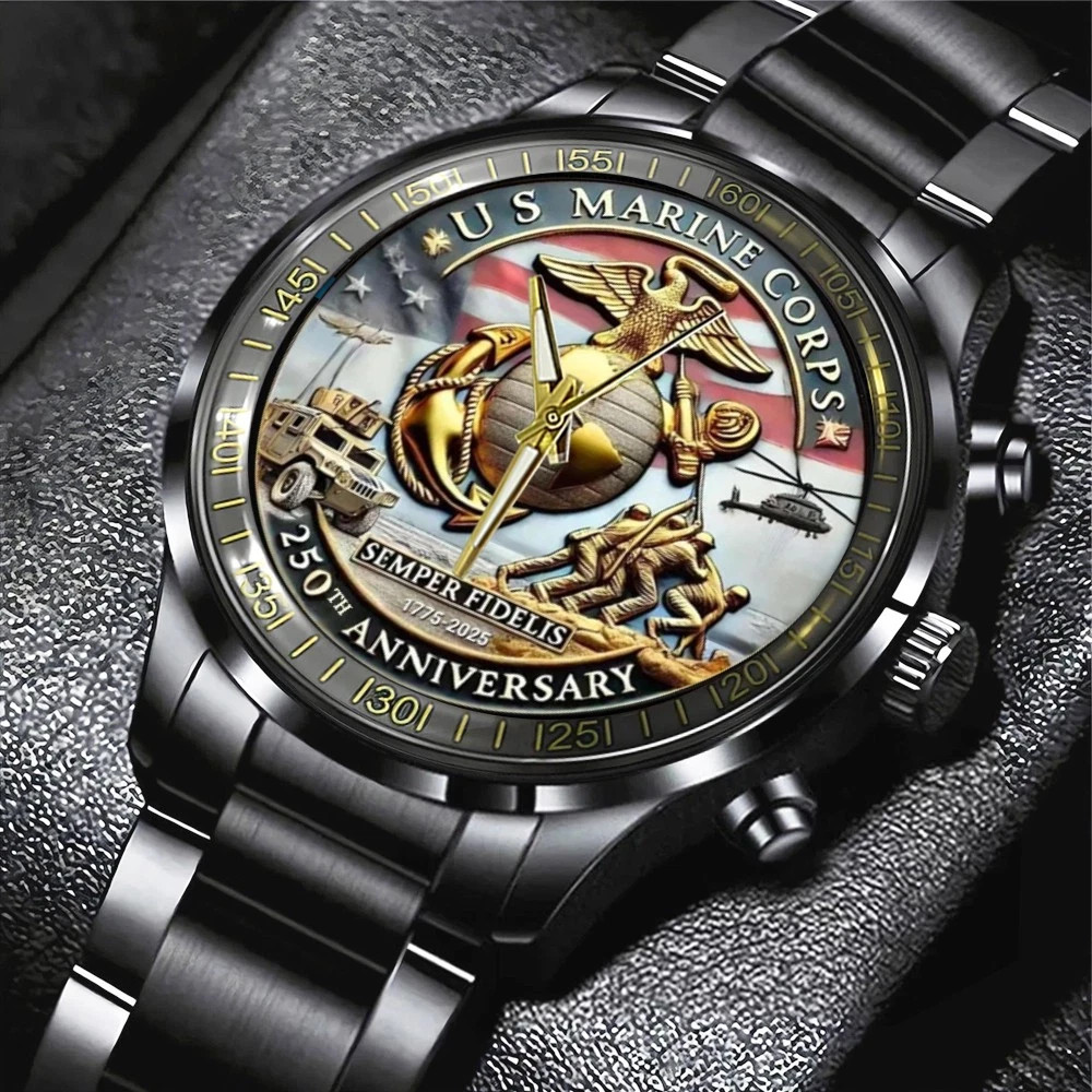 Personalized Us Marine Corps 250Th Anniversary Black Stainless Steel Watch