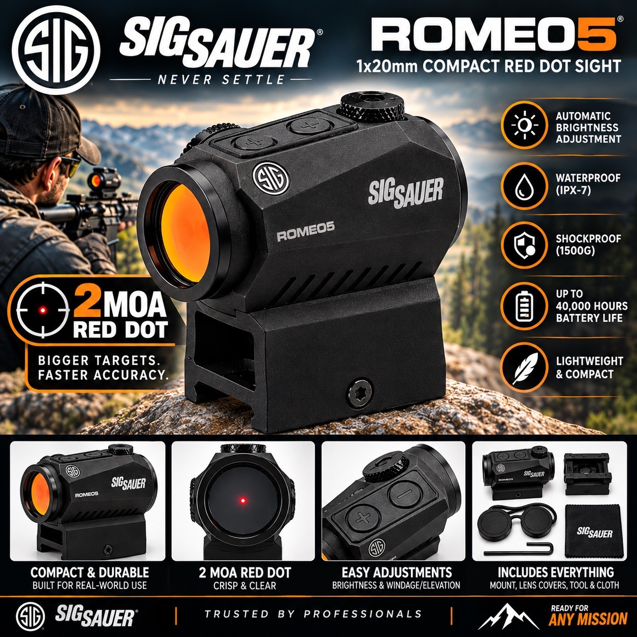 Black - Sig Sauer SOR52001 Romeo5 1x20mm Compact 2 Moa Red Dot Sight Black - Sig Sauer SOR52001 Romeo5 1x20mm Compact 2 Moa Red Dot Sight