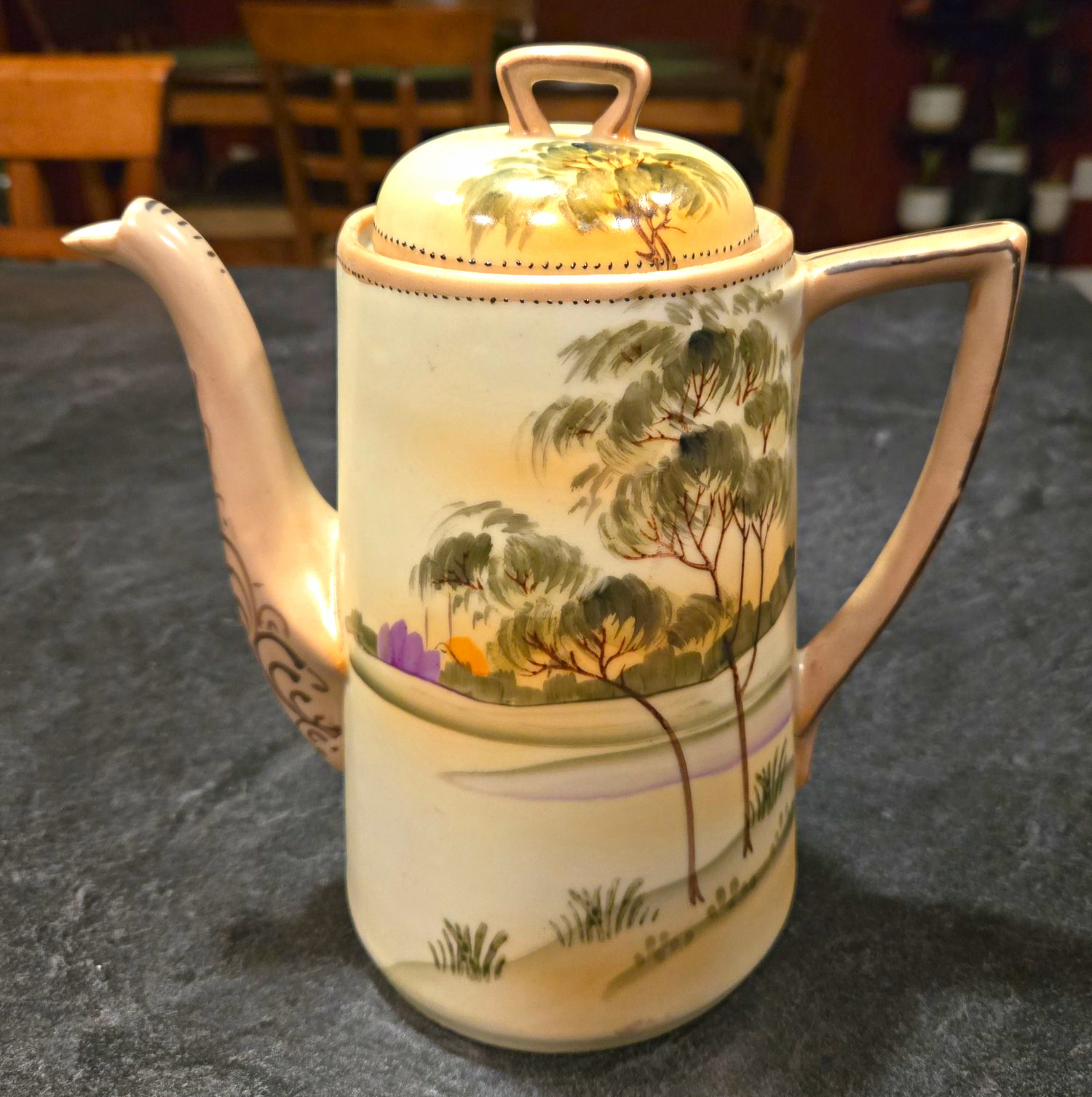 Nippon Hand Painted Porcelain Coffee Pot w/ Lid Landscape Pattern Japan Vintage