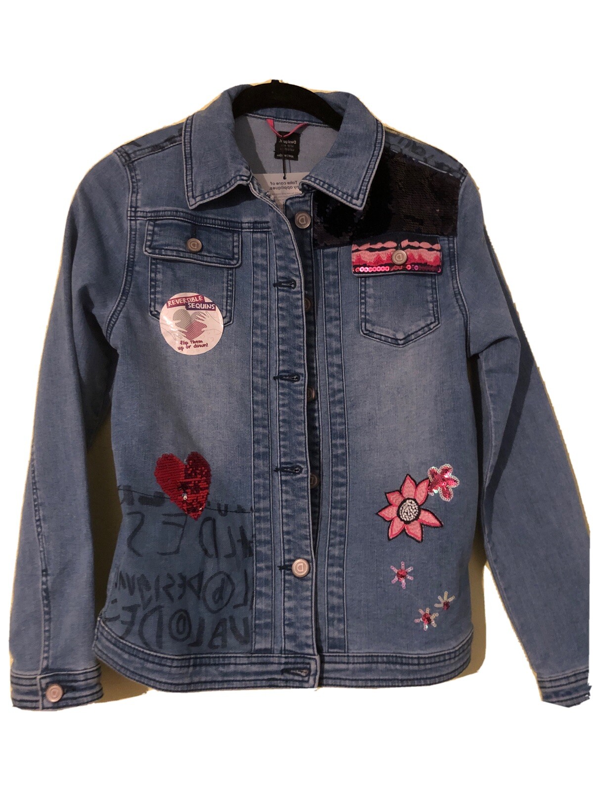 Desigual Sequins Jean jacket Children’s Size 13/14 New With Tags $120 price tag Desigual Sequins Jean jacket Children’s Size 13/14 New With Tags $120 price tag