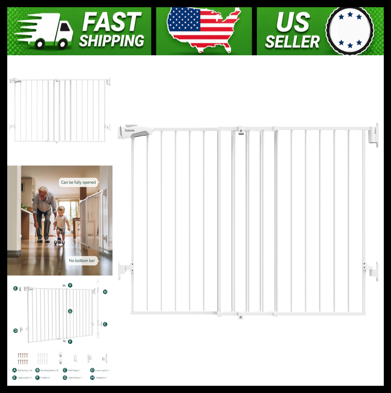 Babelio Extra Wide Baby/Dog Gate 31.5-55 in Auto-Close White Babelio Extra Wide Baby/Dog Gate 31.5-55 in Auto-Close White
