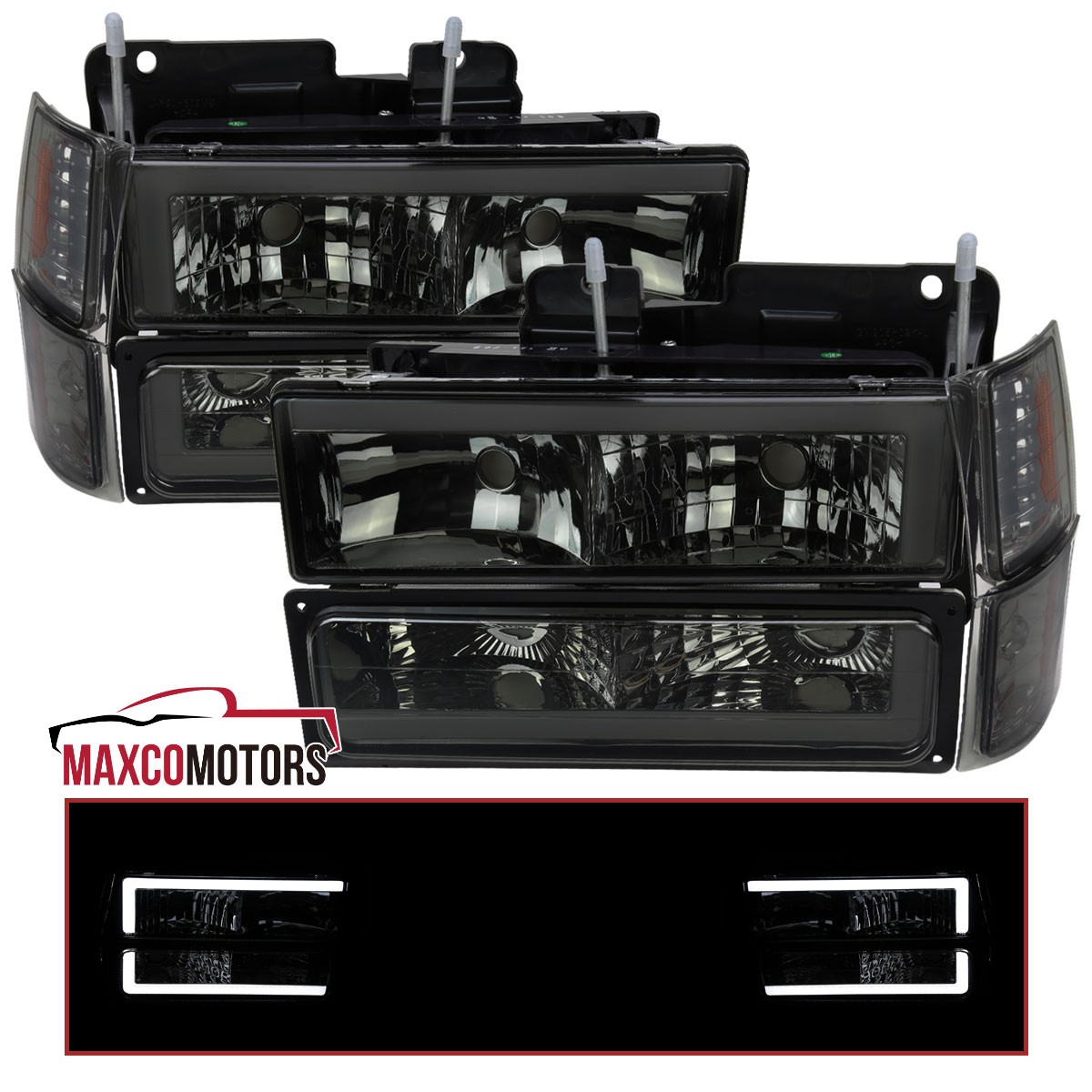 Fits 1994-1998 Chevy C/K Tahoe Suburban Smoke Headlights+LED Bumper+Corner Lamp