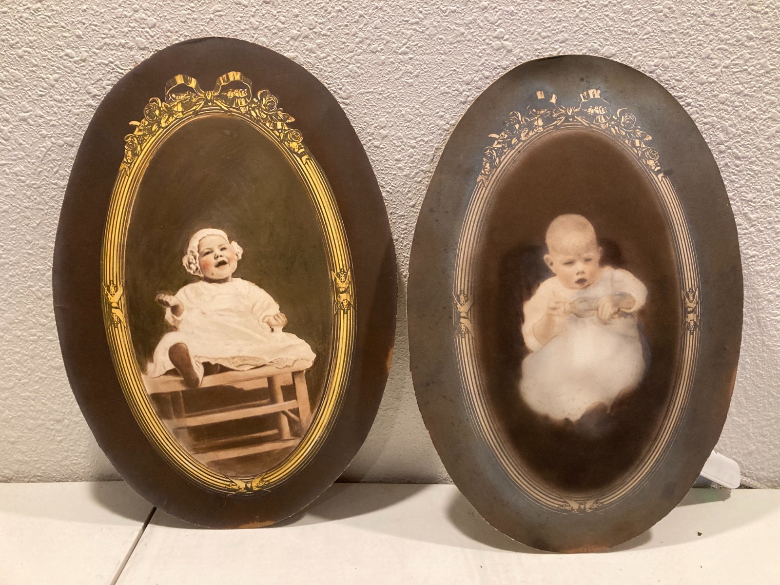 Pair Vintage Baby Oval Photographs Sepia Ornate Gold Mounts Pair Vintage Baby Oval Photographs Sepia Ornate Gold Mounts