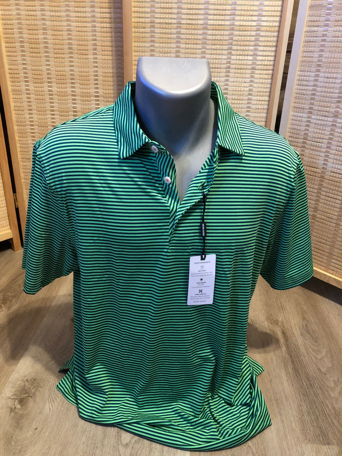 Michel Rouen Golf SS Men\'s Polo Shirt Green Striped Medium M NEW WITH TAGS