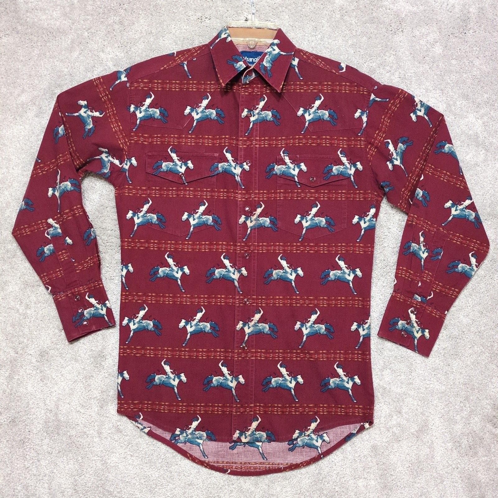 Vintage Wrangler Brushpopper Pearl Snap Shirt Mens Small Western Cowboy Horse Vintage Wrangler Brushpopper Pearl Snap Shirt Mens Small Western Cowboy Horse