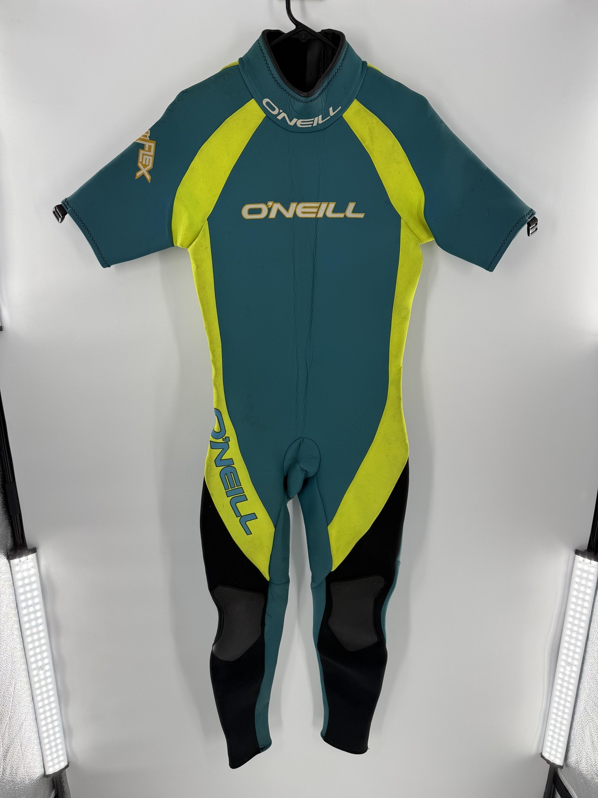 O\'Neill Reflex Wetsuit Large Teal Yellow Long Leg Short Sleeve USA 9161 Surf