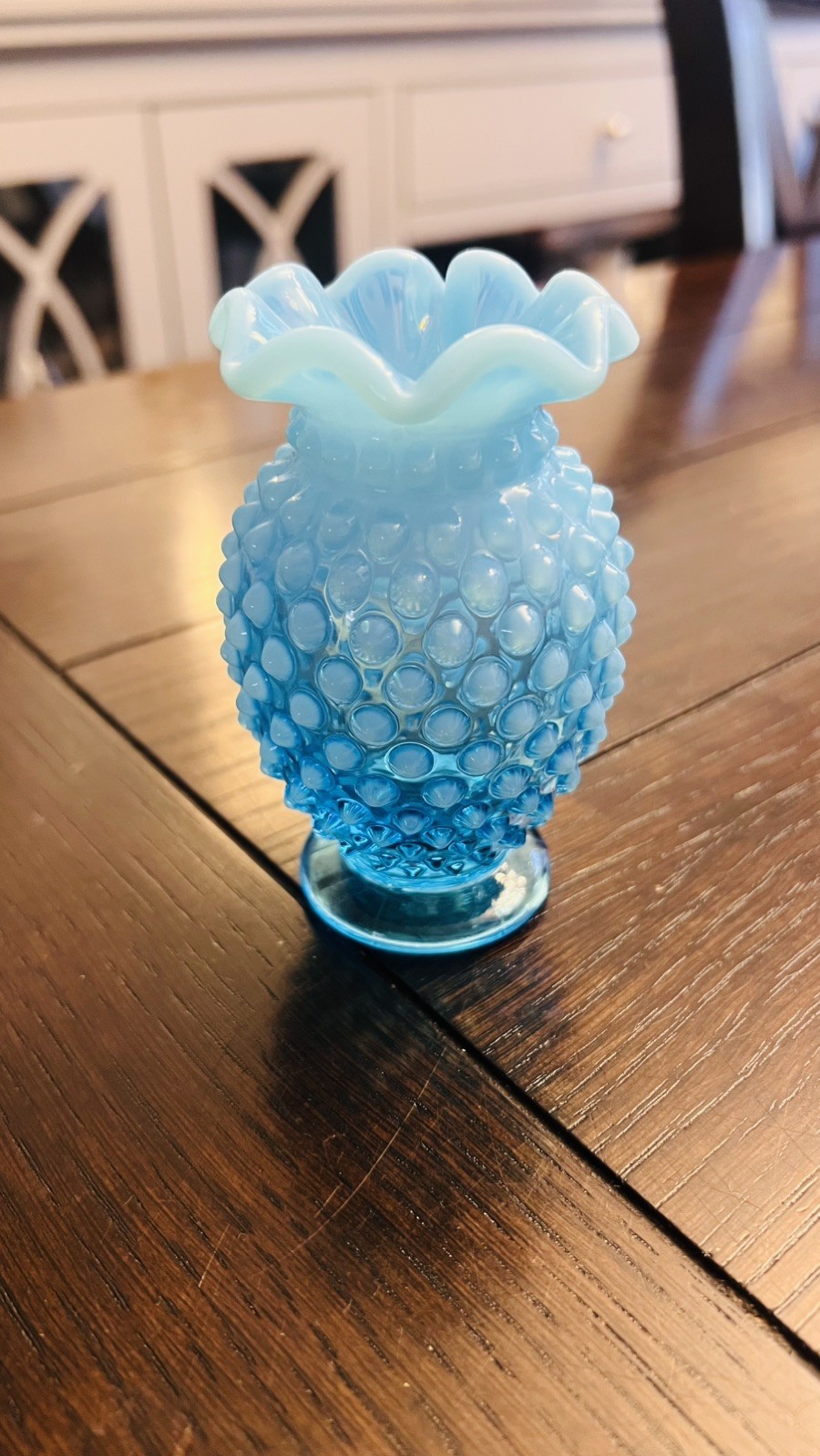 Vintage Fenton Blue Opalescent Hobnail 3.5” Mini 8 Point Ruffled Bud Vase #3855 Vintage Fenton Blue Opalescent Hobnail 3.5” Mini 8 Point Ruffled Bud Vase #3855