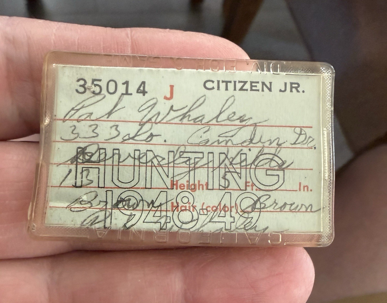 Vintage 1948-49 California Resident HUNTING License Div. of Fish & Game