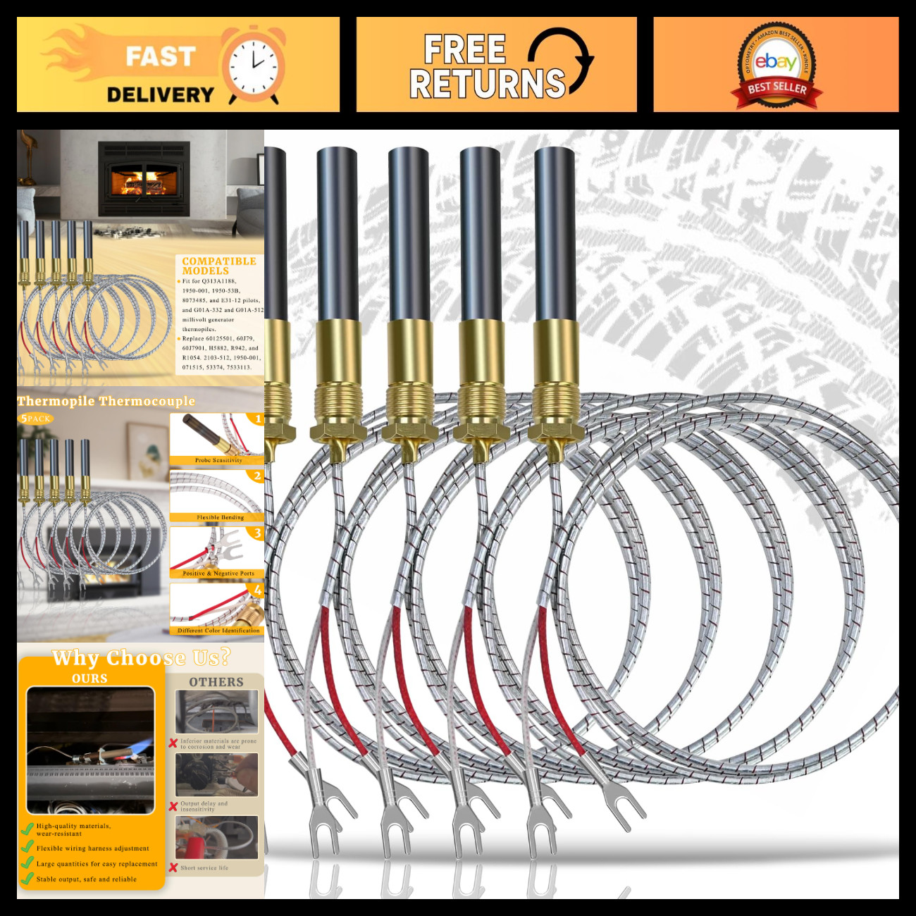 5 Pack Thermopile for Gas Fireplace - 36\ 5 Pack Thermopile for Gas Fireplace - 36\