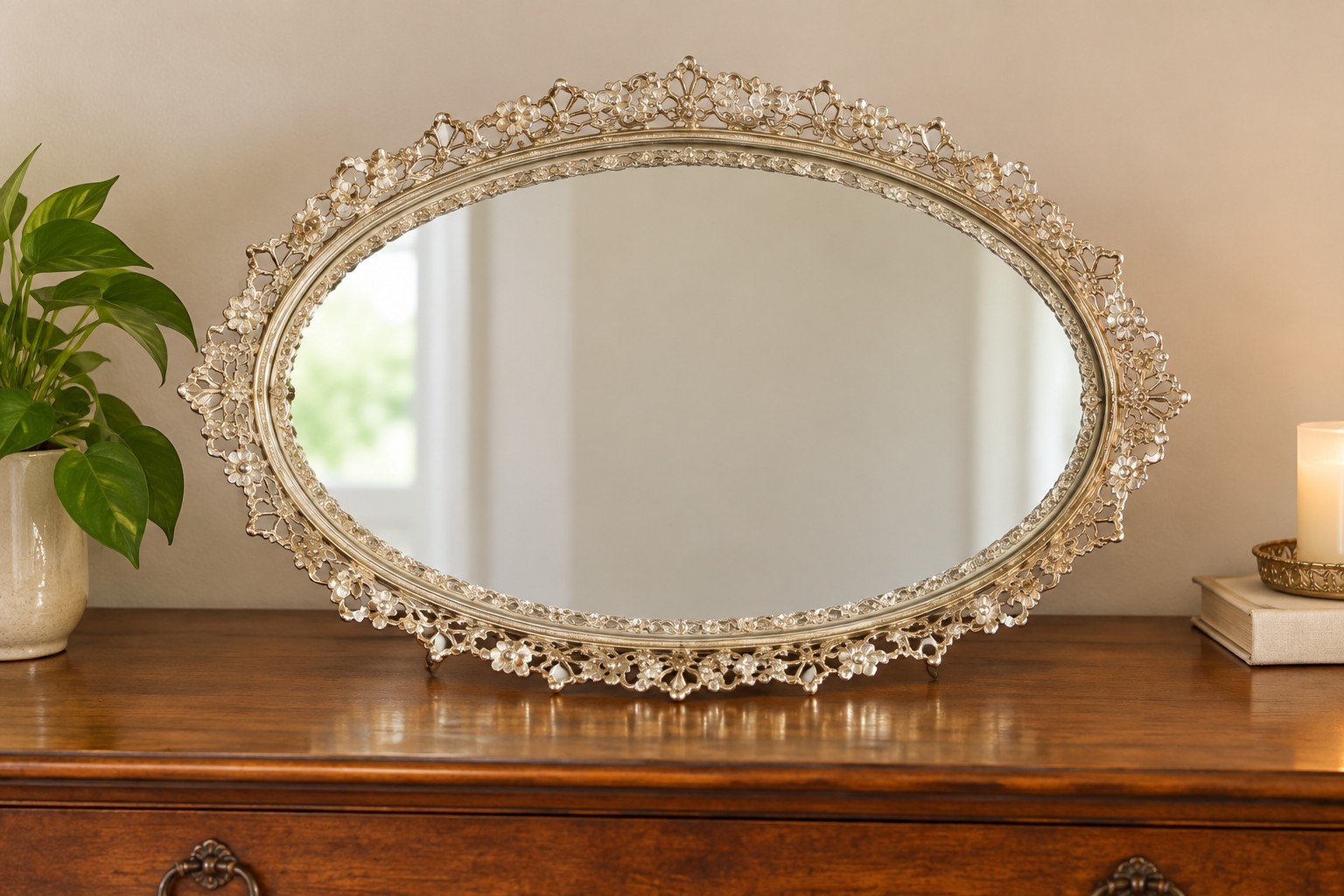 Vtg MCM Oval Mirror Tray Perfume Vanity Dresser Gold Filigree 13x9 Vtg MCM Oval Mirror Tray Perfume Vanity Dresser Gold Filigree 13x9