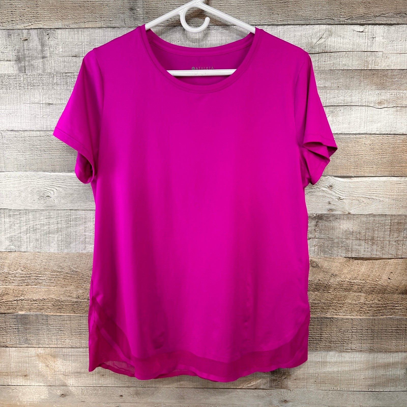 Athleta Womens Pink Mesh Hem Short Sleeve Activewear Top Large