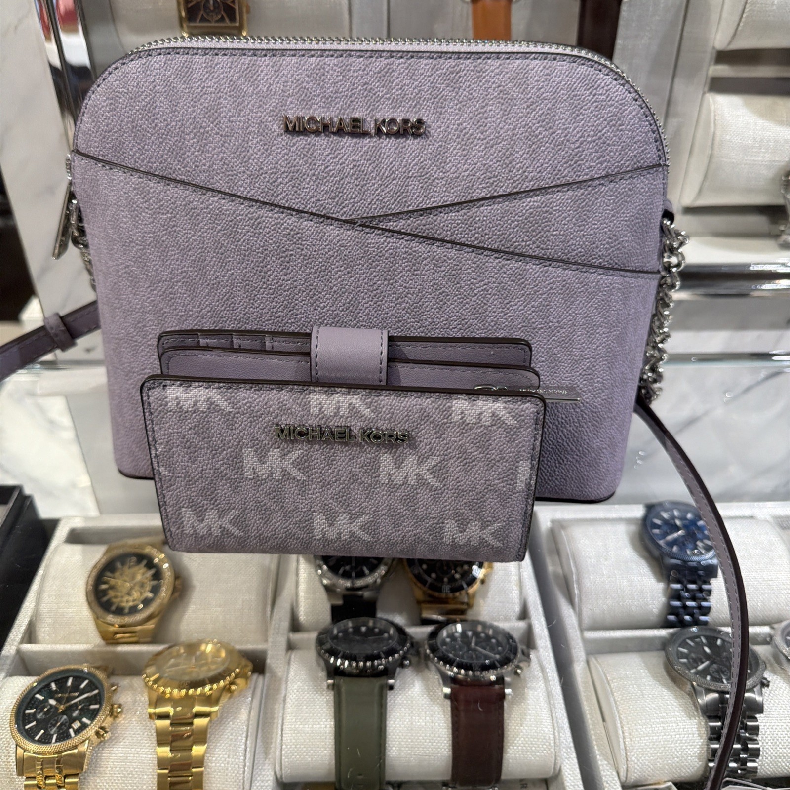 Michael Kors Lilac Purple Jet Set Dome Crossbody Signature Bag & Wallet Set