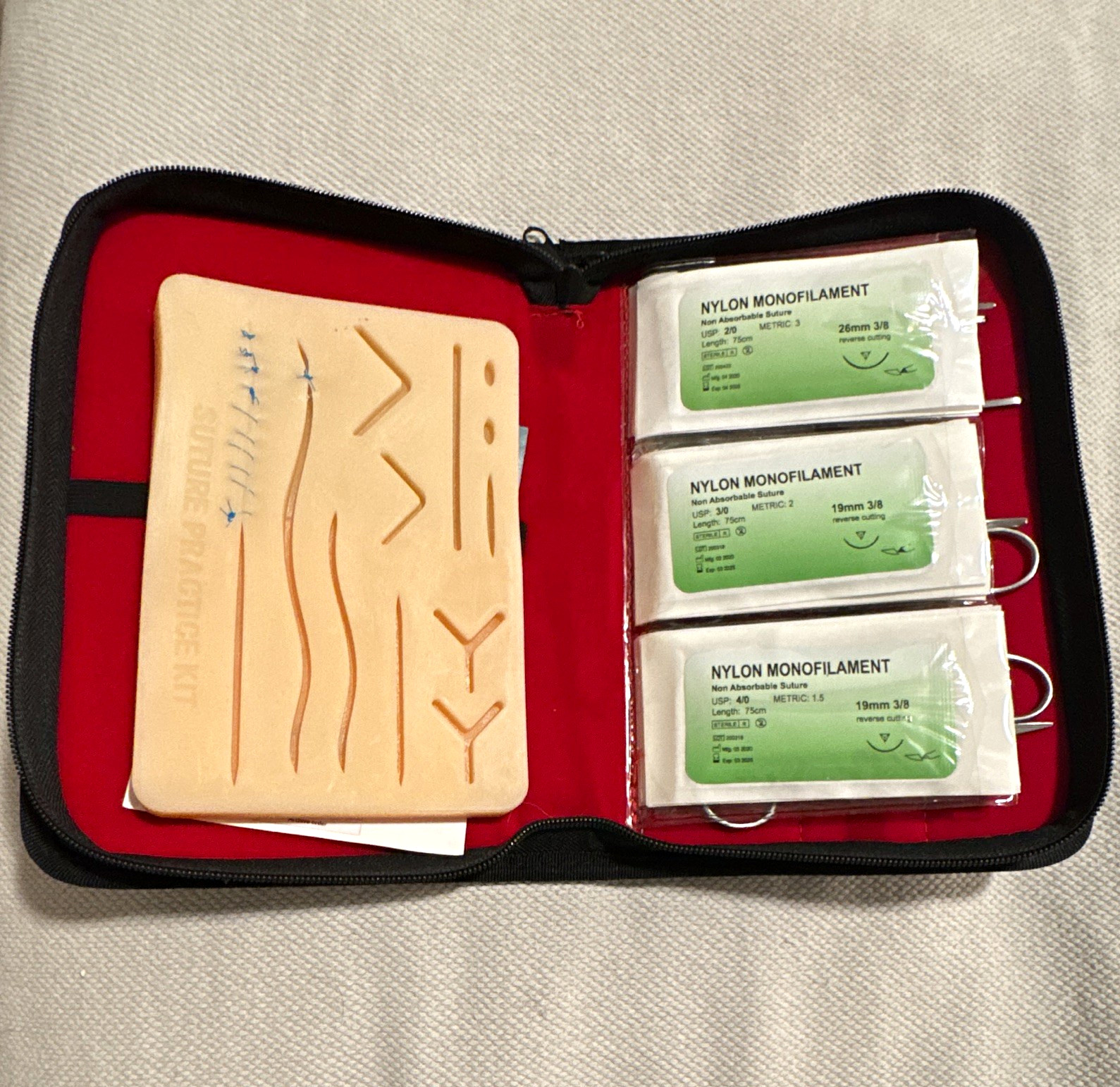Suture Practice Kit Case w/ Silicone Practice Pad, Instruments, Nylon & Silk