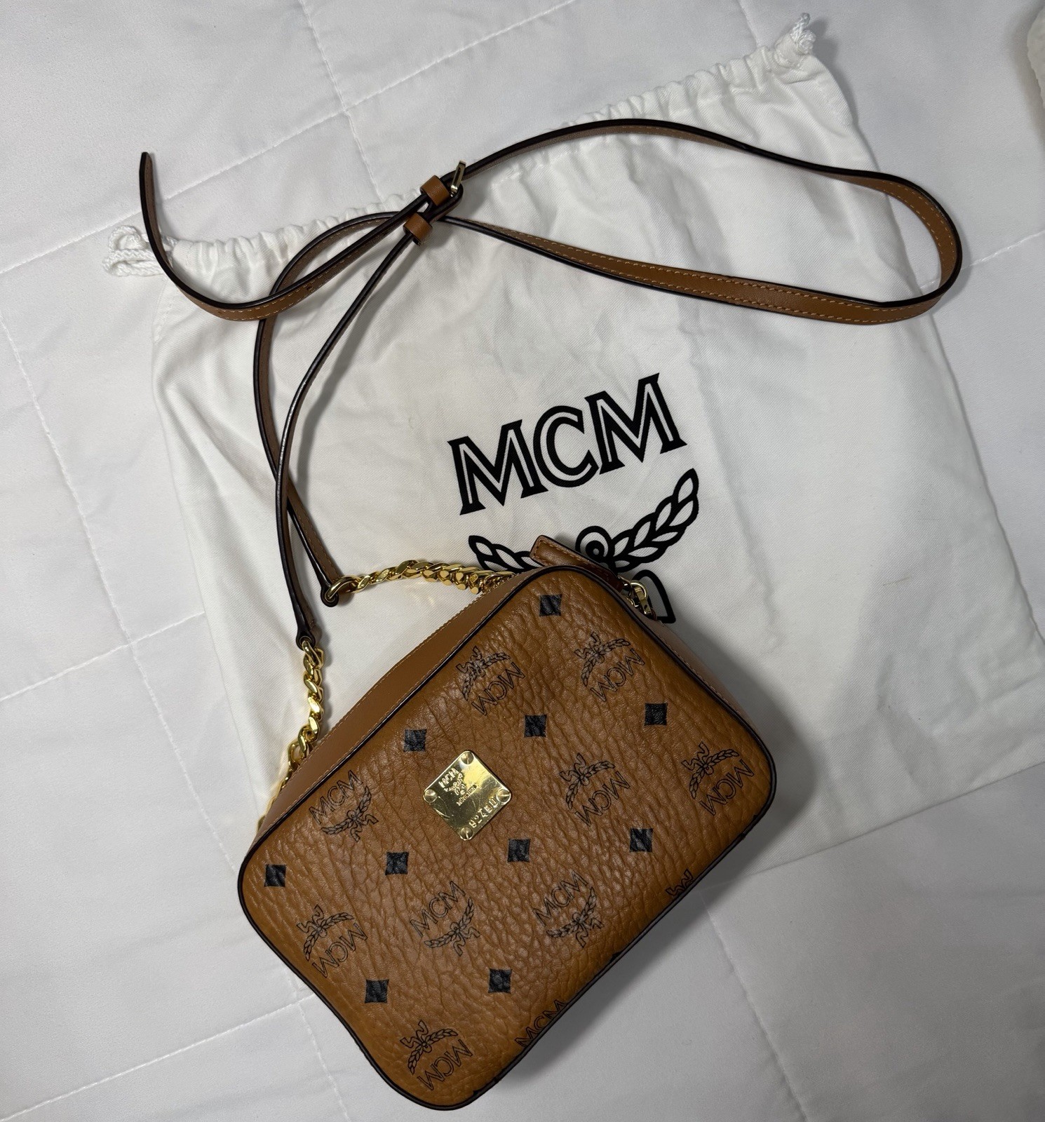 MCM Leather Crossbody Bag Tan with Duster Bag Made In Italy AUTHENTIC