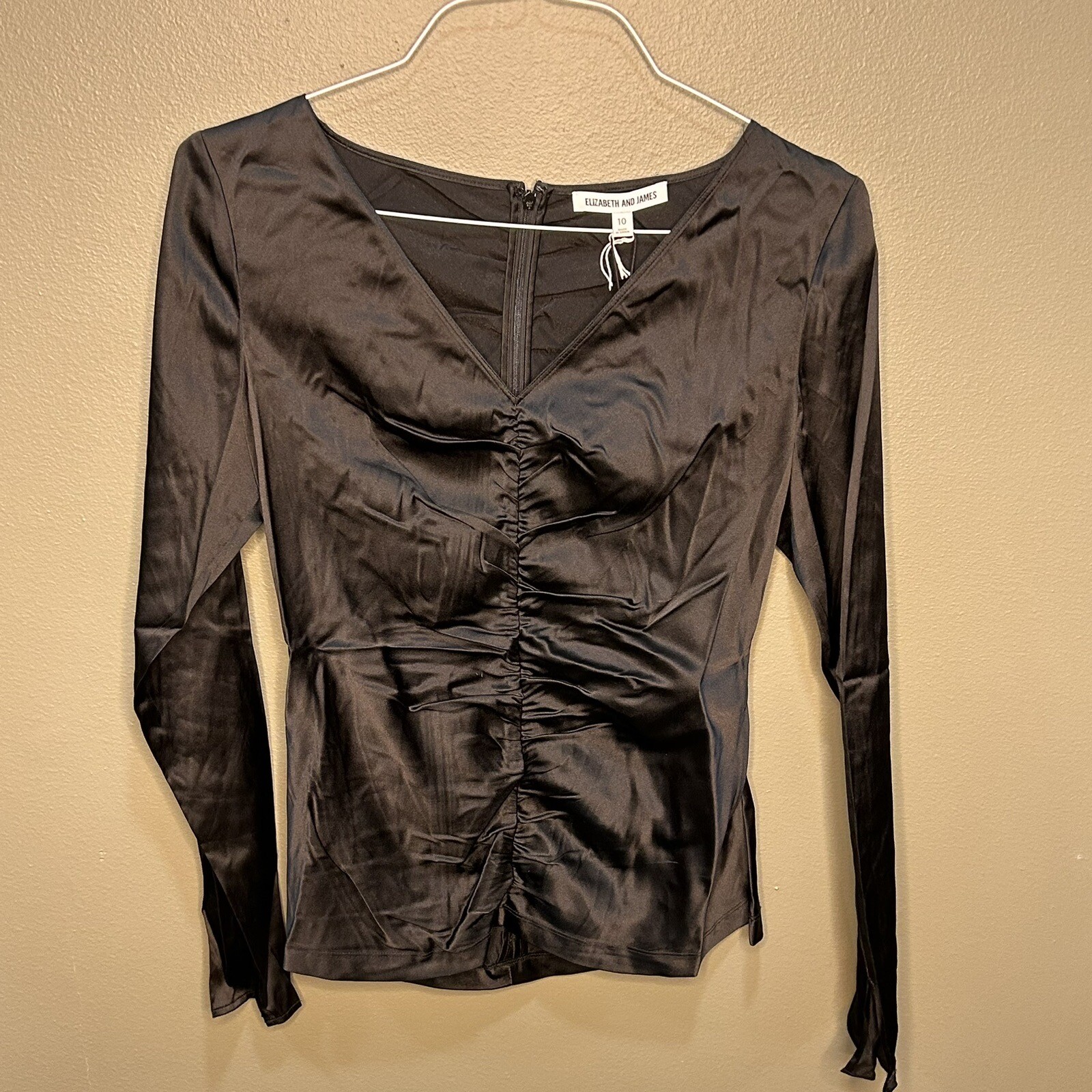 Elizabeth & James Black Adela Ruched Silk-blend Satin Blouse Top Sz 10 NWT $295 Elizabeth & James Black Adela Ruched Silk-blend Satin Blouse Top Sz 10 NWT $295