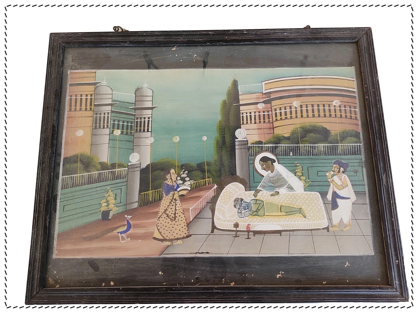 Old Vintage Hand Painting Hindu God Krishna Shrinath ji India Well Framed