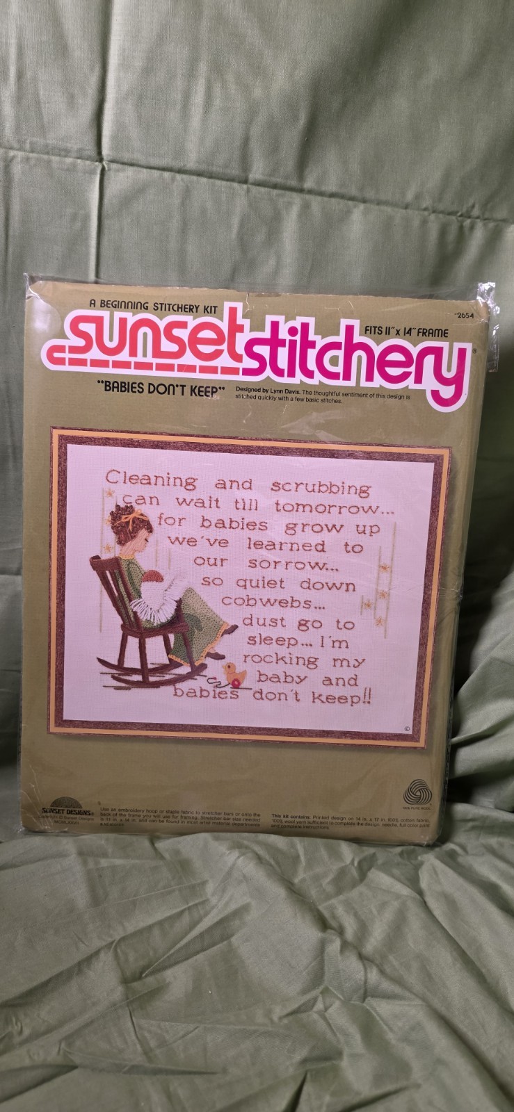 Vintage 1977 Sunset Stitchery Babies Don't Keep Crewel Embroidery Kit 2654 NOS