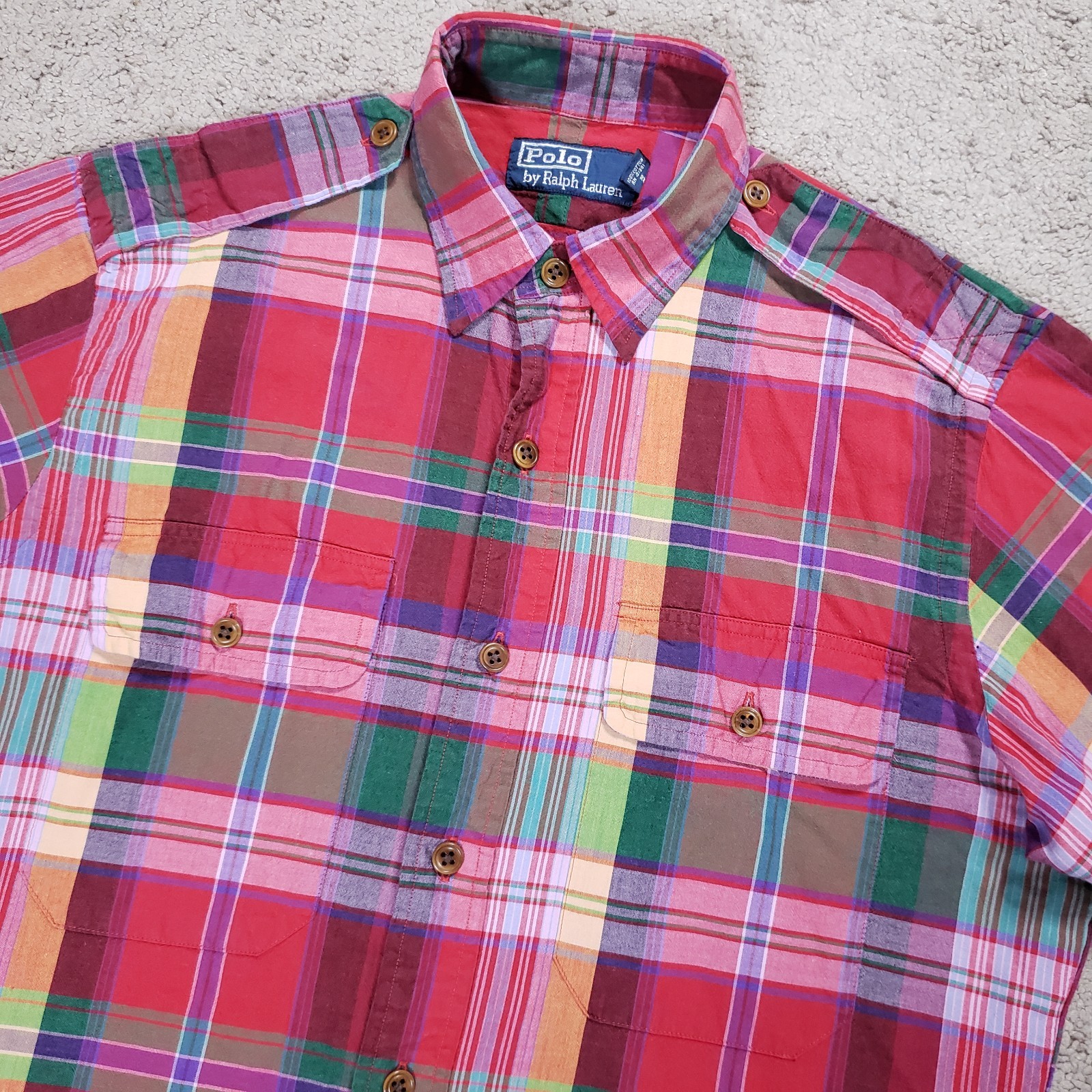 Vintage Polo Ralph Lauren Shirt Men S Red Madras Plaid Epaulets 90s Workshirt