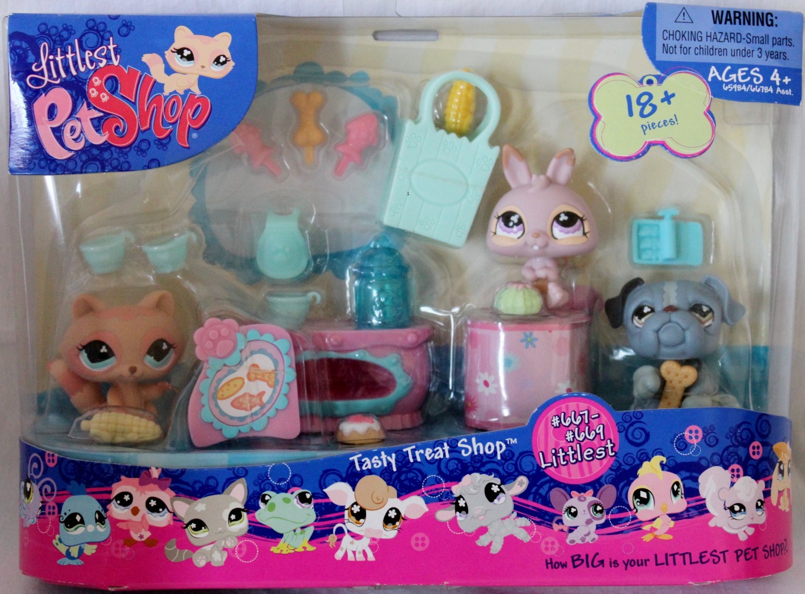 LITTLEST PET SHOP Tasty Treat Shop 2007 Bunny #667 Bulldog #668 Cat #669 NIP
