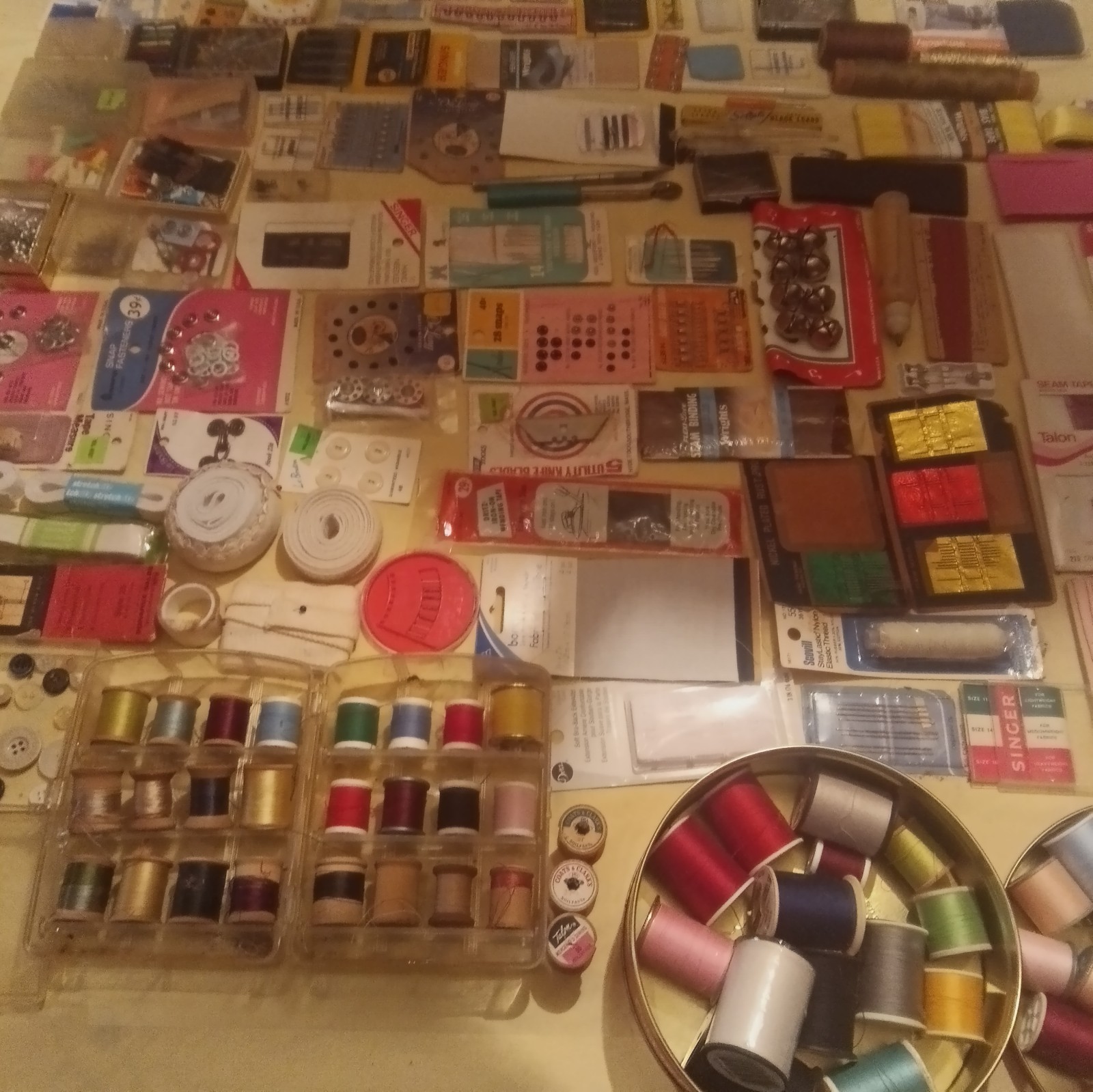 Lot of Vintage Sewing Equipment - Threads, Needles, Metal Bobbins + Accessories Lot of Vintage Sewing Equipment - Threads, Needles, Metal Bobbins + Accessories