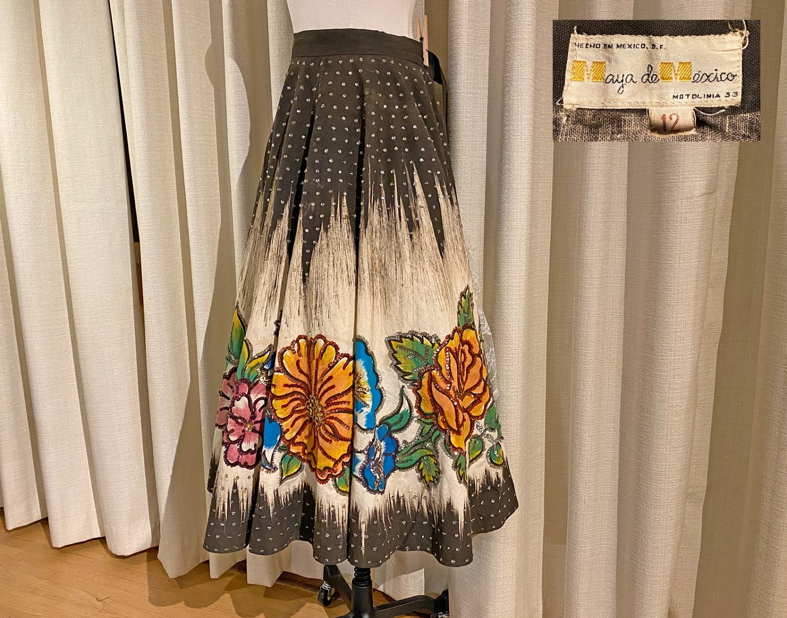 Vtg 40s 50s Hand Painted Mexican Cotton Circle Skirt Floral w Sequins S AS IS