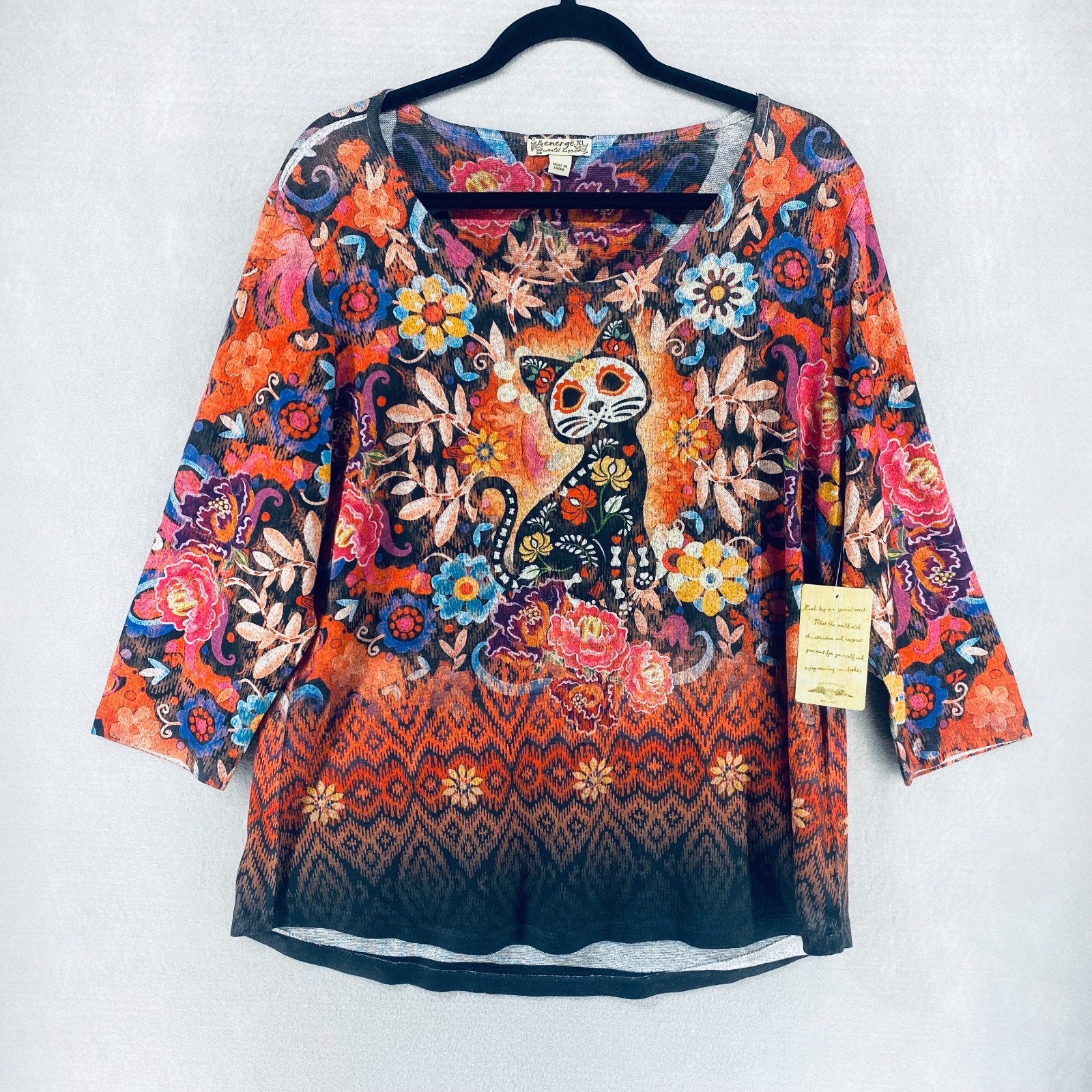 Energe World Wear Top Womens XL Multicolor 3/4 Sleeve Blouse Cat Halloween NWT Energe World Wear Top Womens XL Multicolor 3/4 Sleeve Blouse Cat Halloween NWT