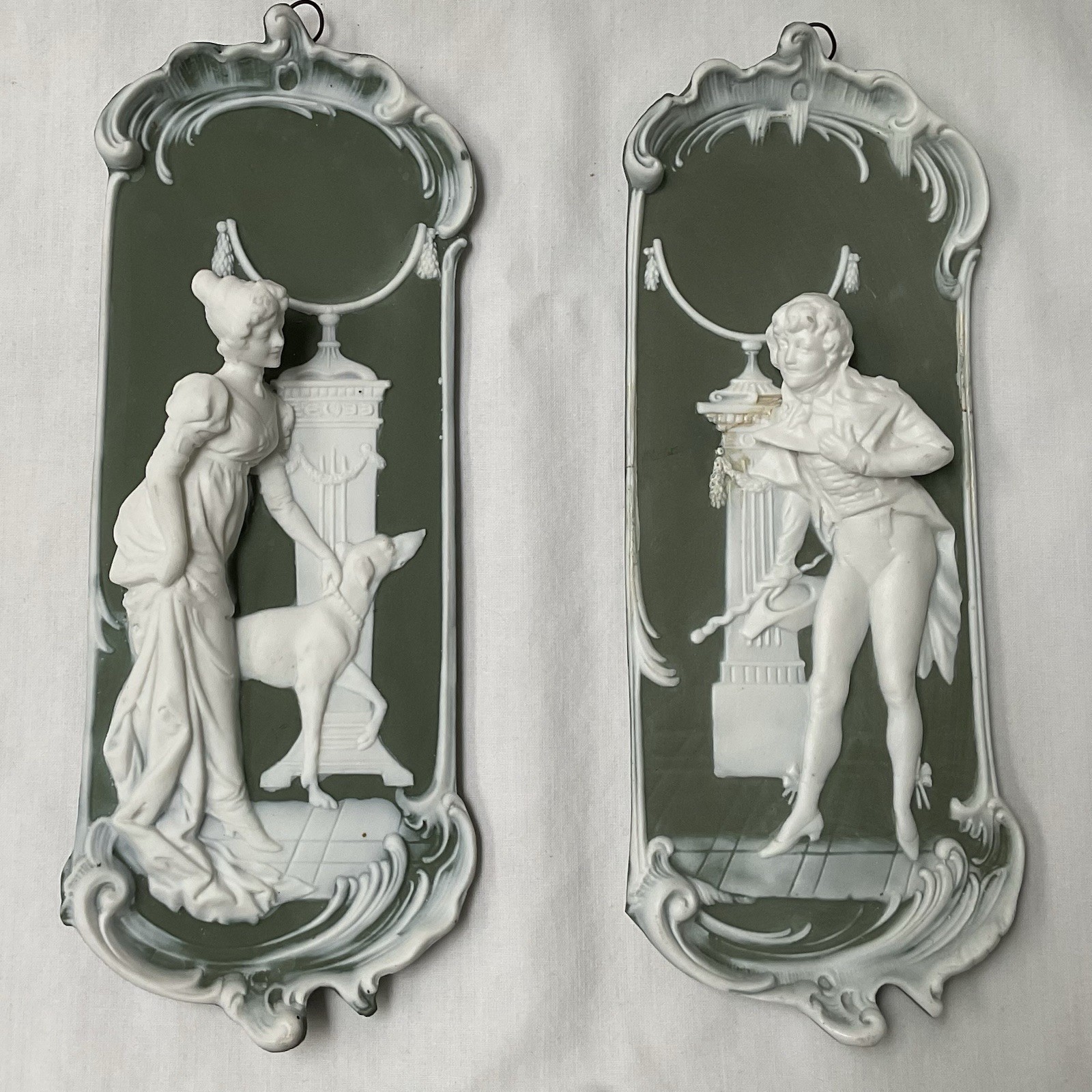 Antique Schafer & Vater Green Pair Of  Wall Plaques Courting Couple 6479A & 1B