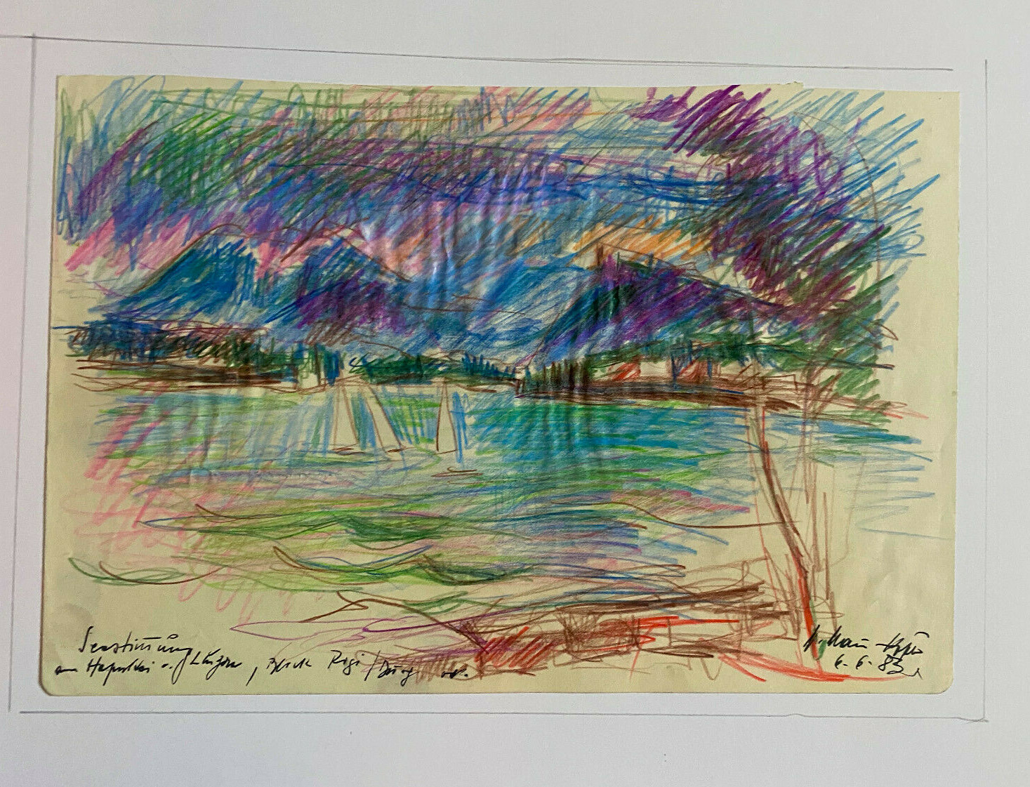 ::DRAWING SIGNED WALTER MAIER-KÖßLER 1983 HARBOUR & TOWN IN LUCERNE VIEW FROM THE WATER ::DRAWING SIGNED WALTER MAIER-KÖßLER 1983 HARBOUR & TOWN IN LUCERNE VIEW FROM THE WATER