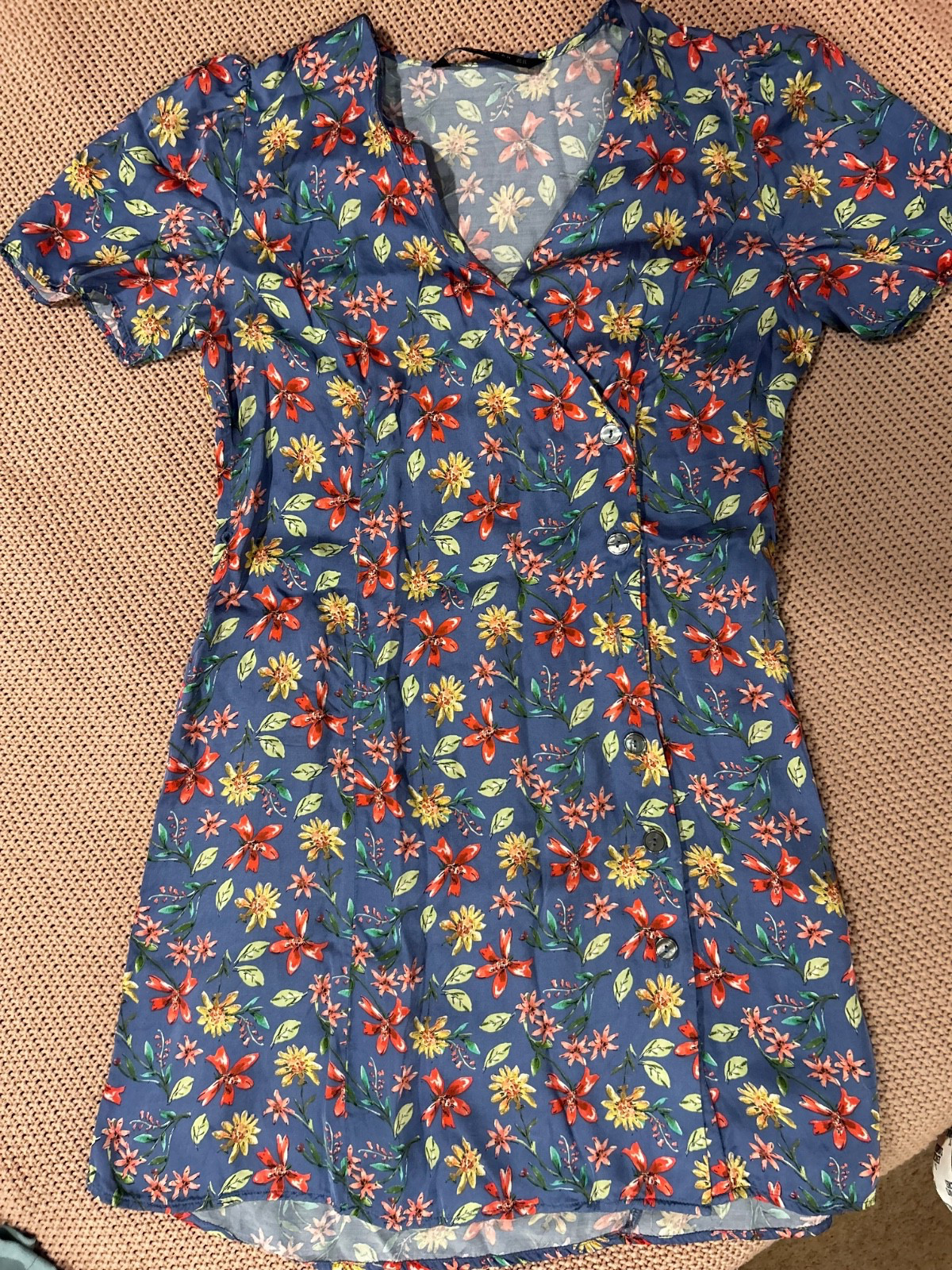 Zara Woman Floral Mini Dress XS Blue Red Yellow Button Front Flutter Sleeve