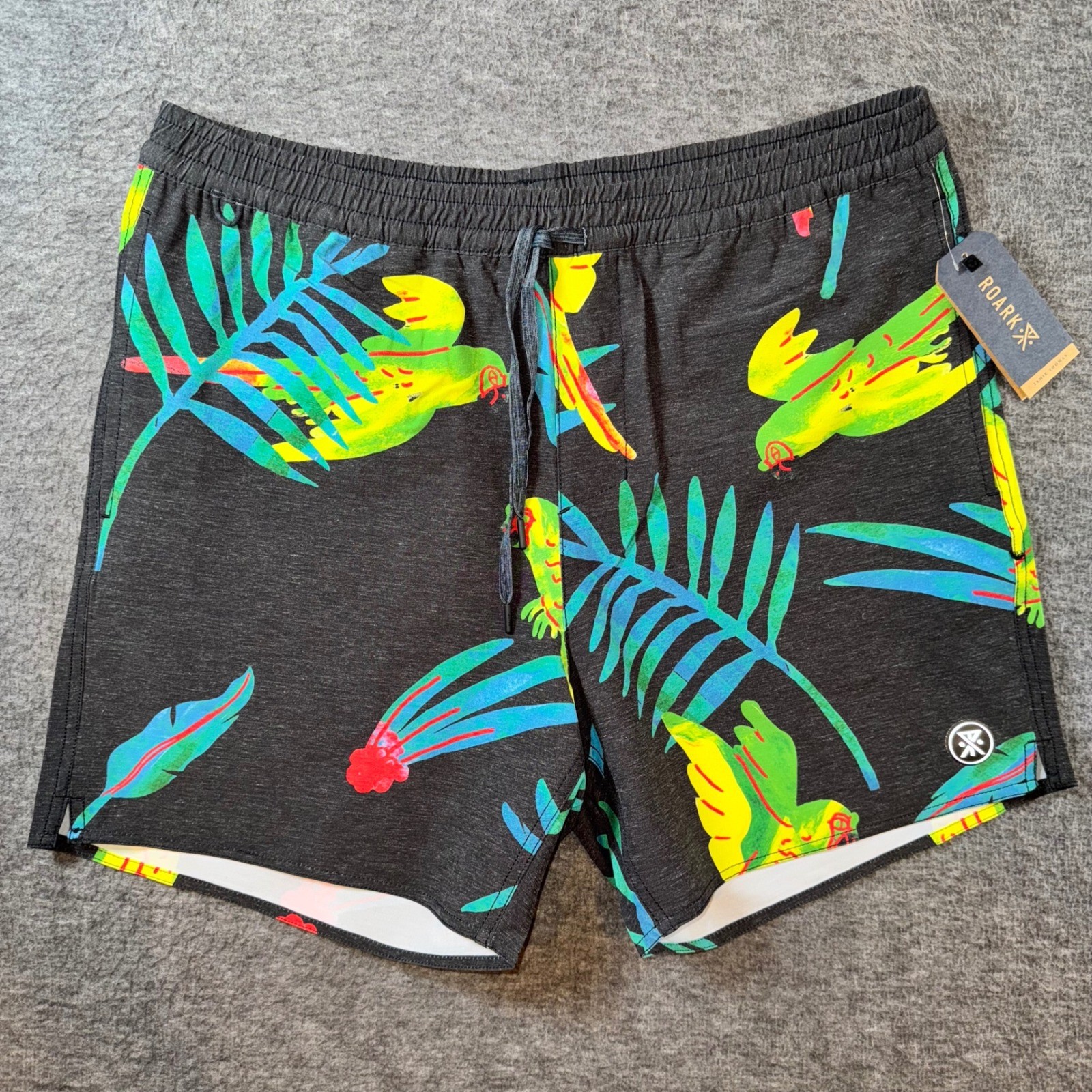 ROARK Shorey Macaw Swim Trunks Mens Large Black Tropical Parrot Print Shorts NEW