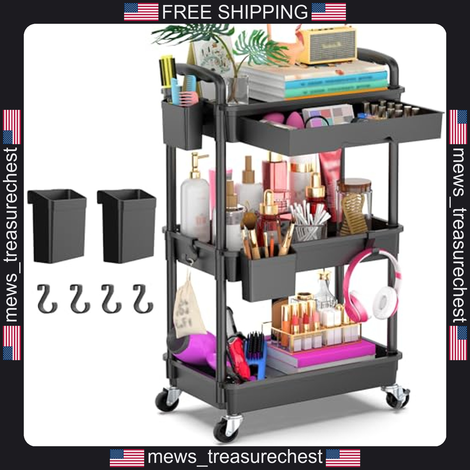 3 Tier Rolling Utility Cart with Removable Drawer and Lockable Wheels