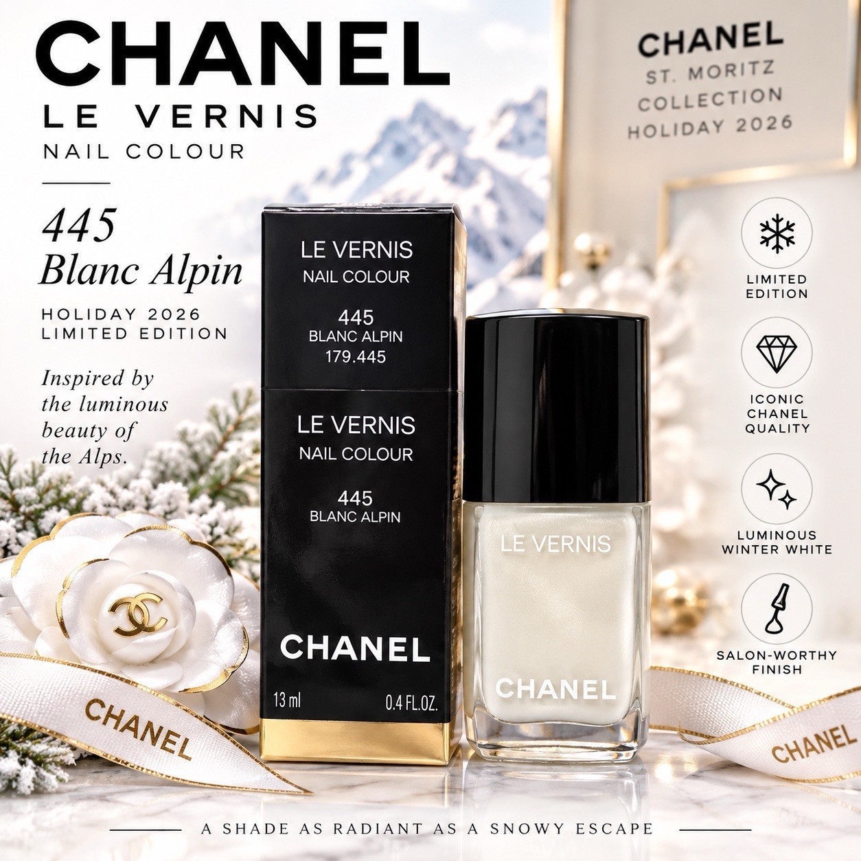 CHANEL Le Vernis 445 Blanc Alpin Holiday 2026 Limited Edition Nail Polish NIB CHANEL Le Vernis 445 Blanc Alpin Holiday 2026 Limited Edition Nail Polish NIB