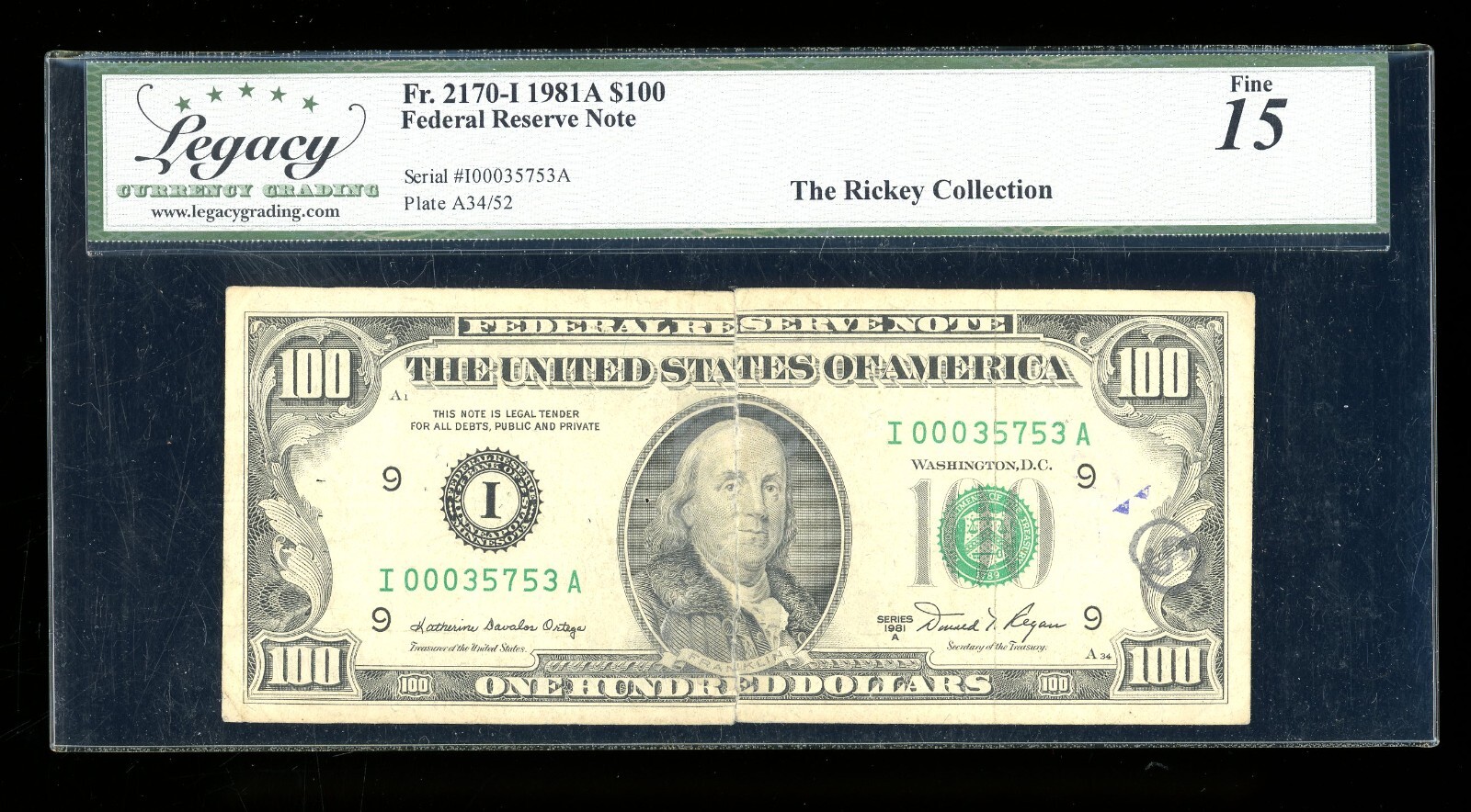 DBR 1981-A $100 Minneapolis Fr. 2170-I Legacy 15 mini-RADAR Serial I00035753A