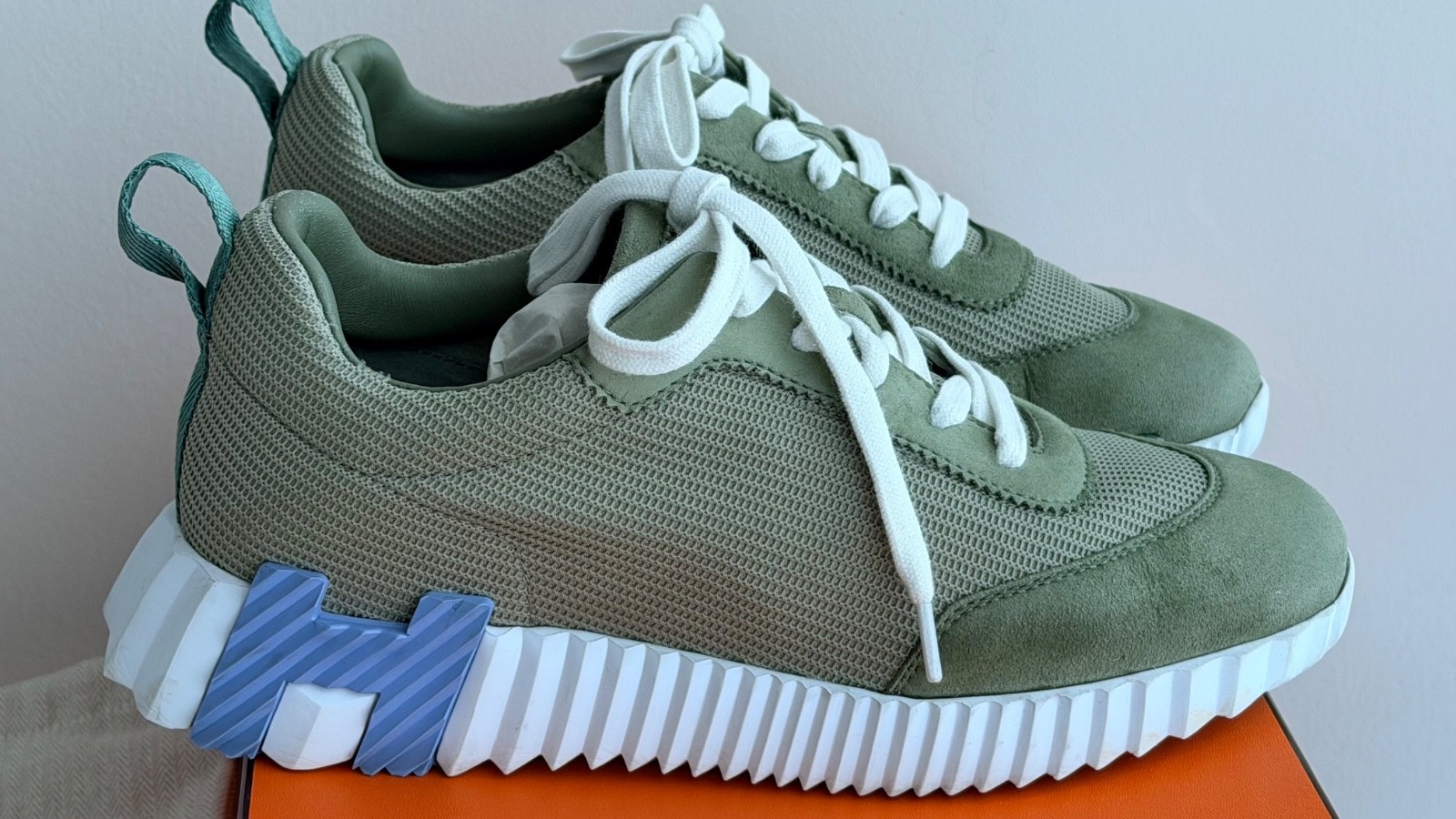 AUTHENTIC HERMES BOUNCING SNEAKER VERT CELADON 37 MESH SUEDE WOMEN SHOES