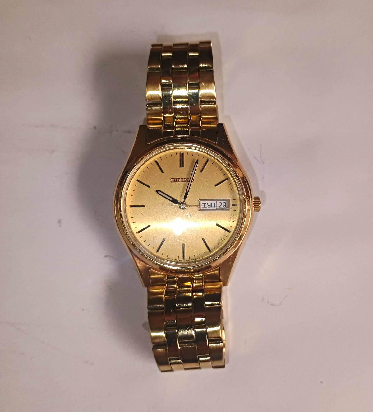 Seiko 37mm 7N43-9048 Golden Day Date Quartz Men's Watch New Battery (Lot2772) Seiko 37mm 7N43-9048 Golden Day Date Quartz Men's Watch New Battery (Lot2772)