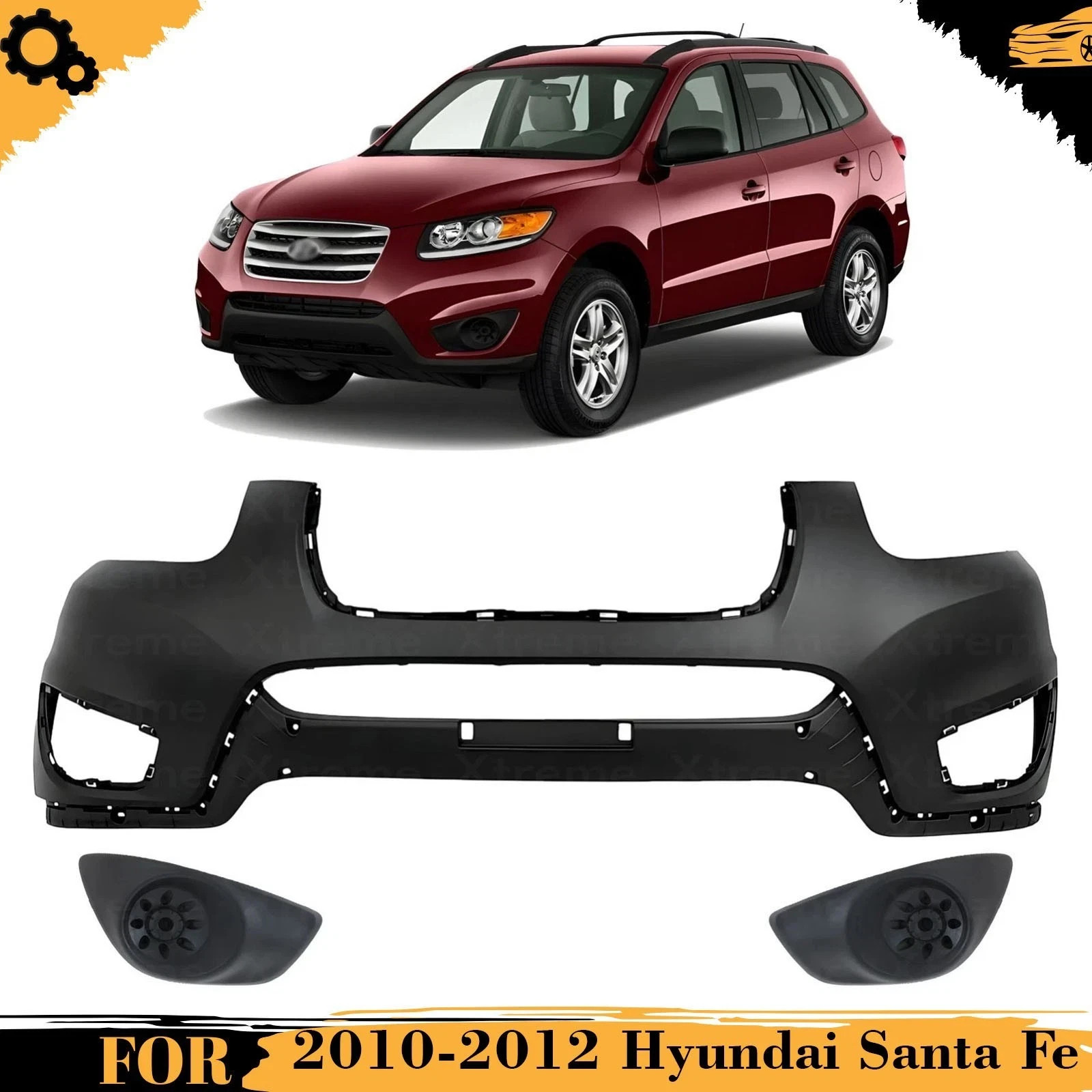 Front Bumper Cover Primed & Fog Lights Cover Kit For 2010-2012 Hyundai Santa Fe