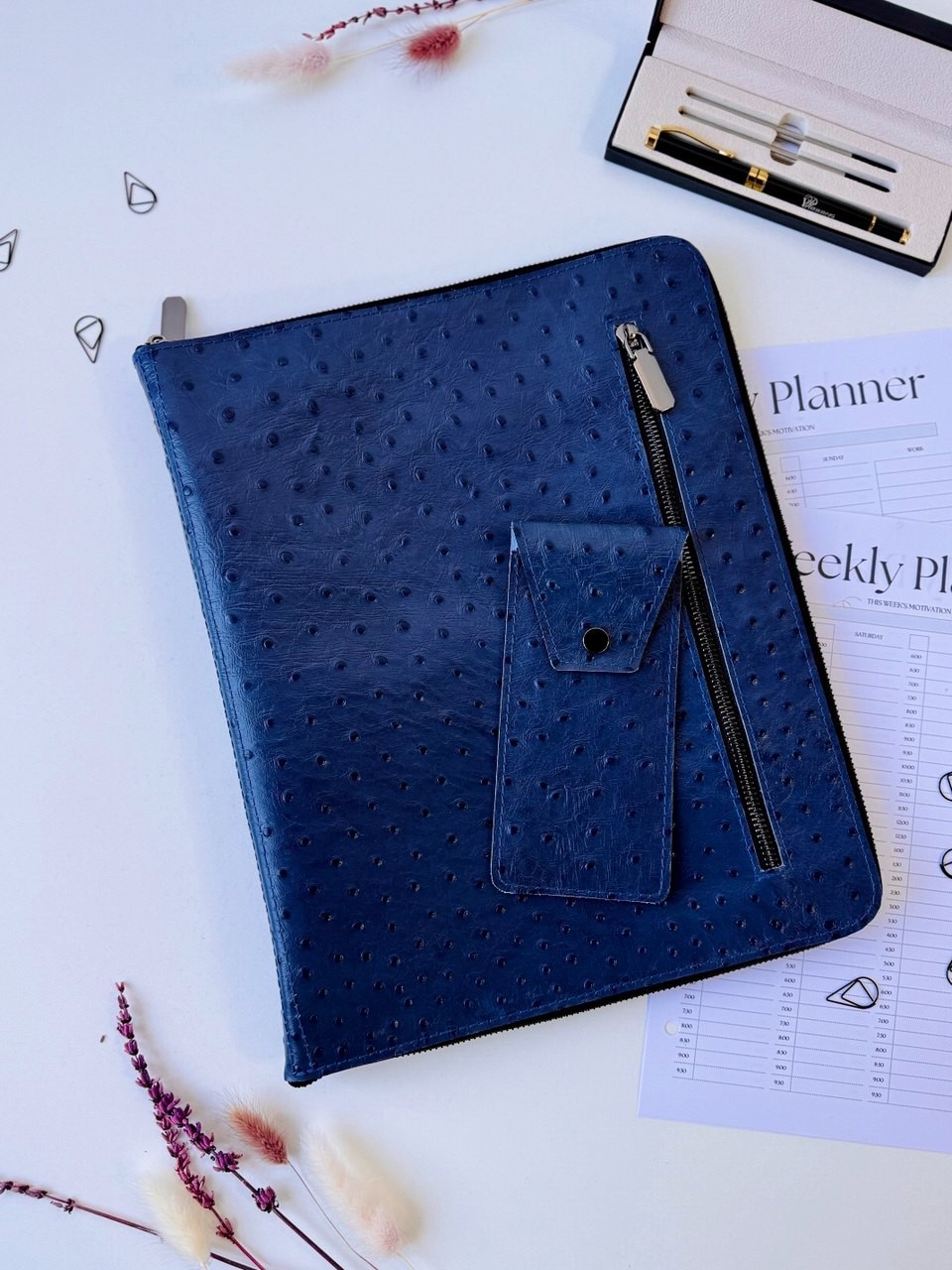 Premium Ostrich Embossed Leather A4 Conference Folder & Document Organizer. Premium Ostrich Embossed Leather A4 Conference Folder & Document Organizer.