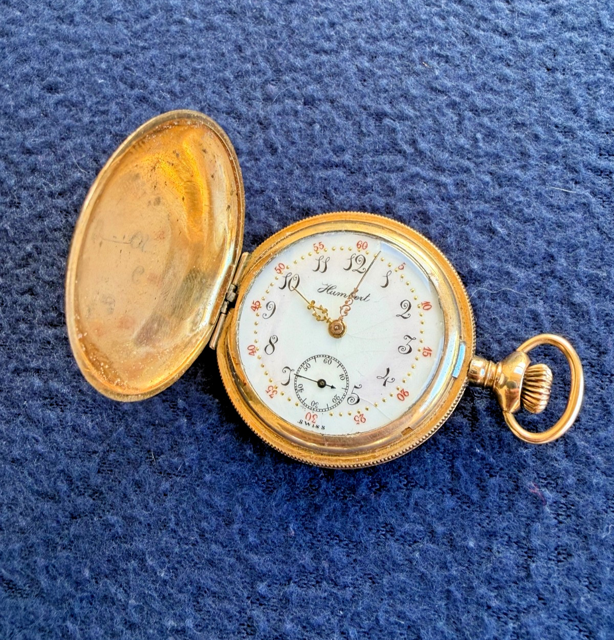 Antique Swiss Humbert Hunter Case Pocket Watch - Early 1900s Fancy Dial - Runs Antique Swiss Humbert Hunter Case Pocket Watch - Early 1900s Fancy Dial - Runs