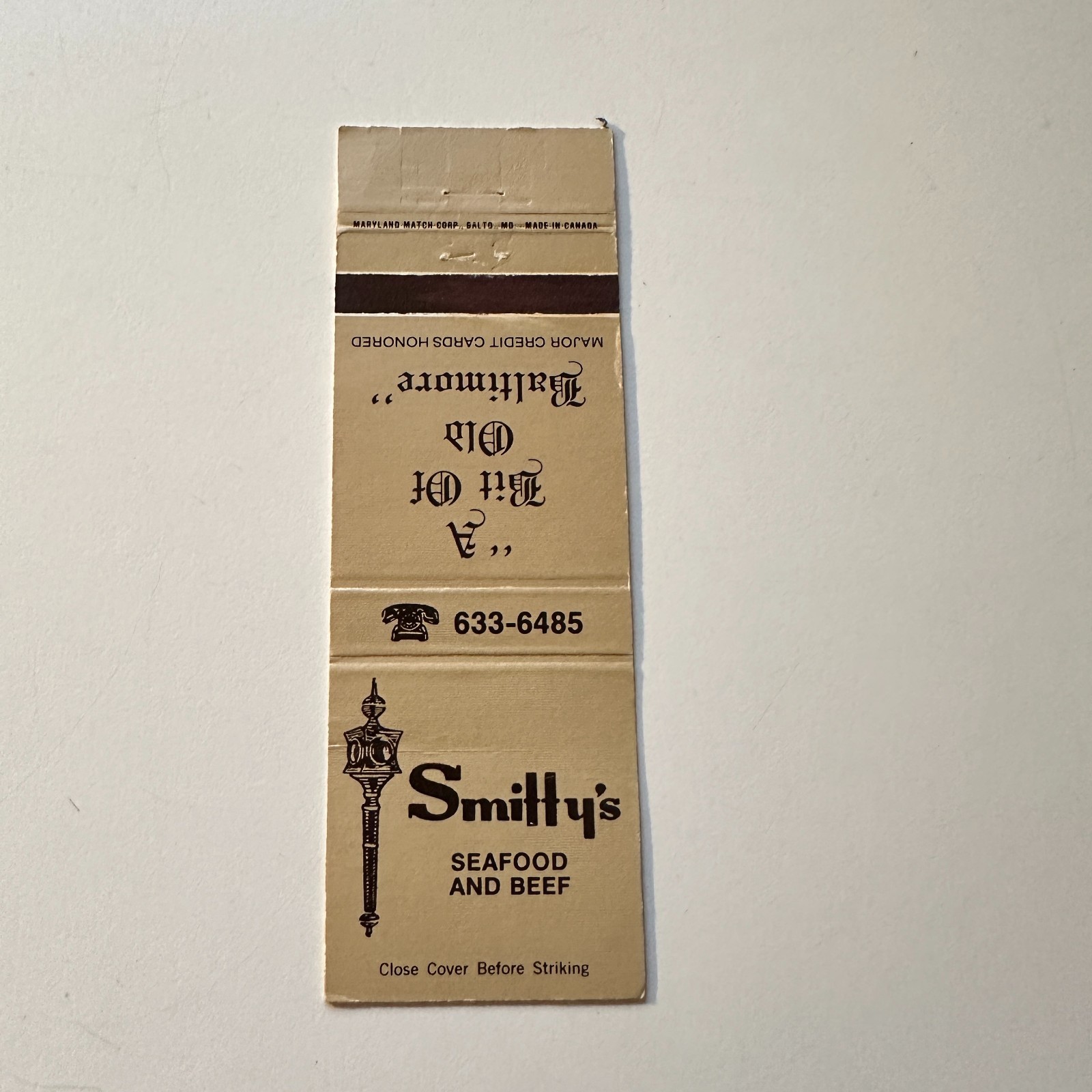Smitty\'s Seafood & Beef A Bit Of Old Baltimore Vintage Matchbook Cover 4MB116-3