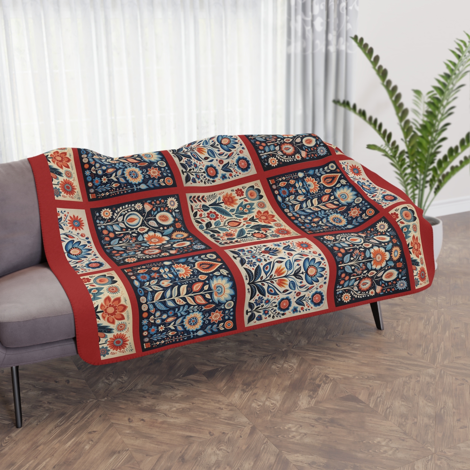 Scandi Folk Art Blanket, Scandinavian Art Style -Boho Decor, Danish Roses Garden