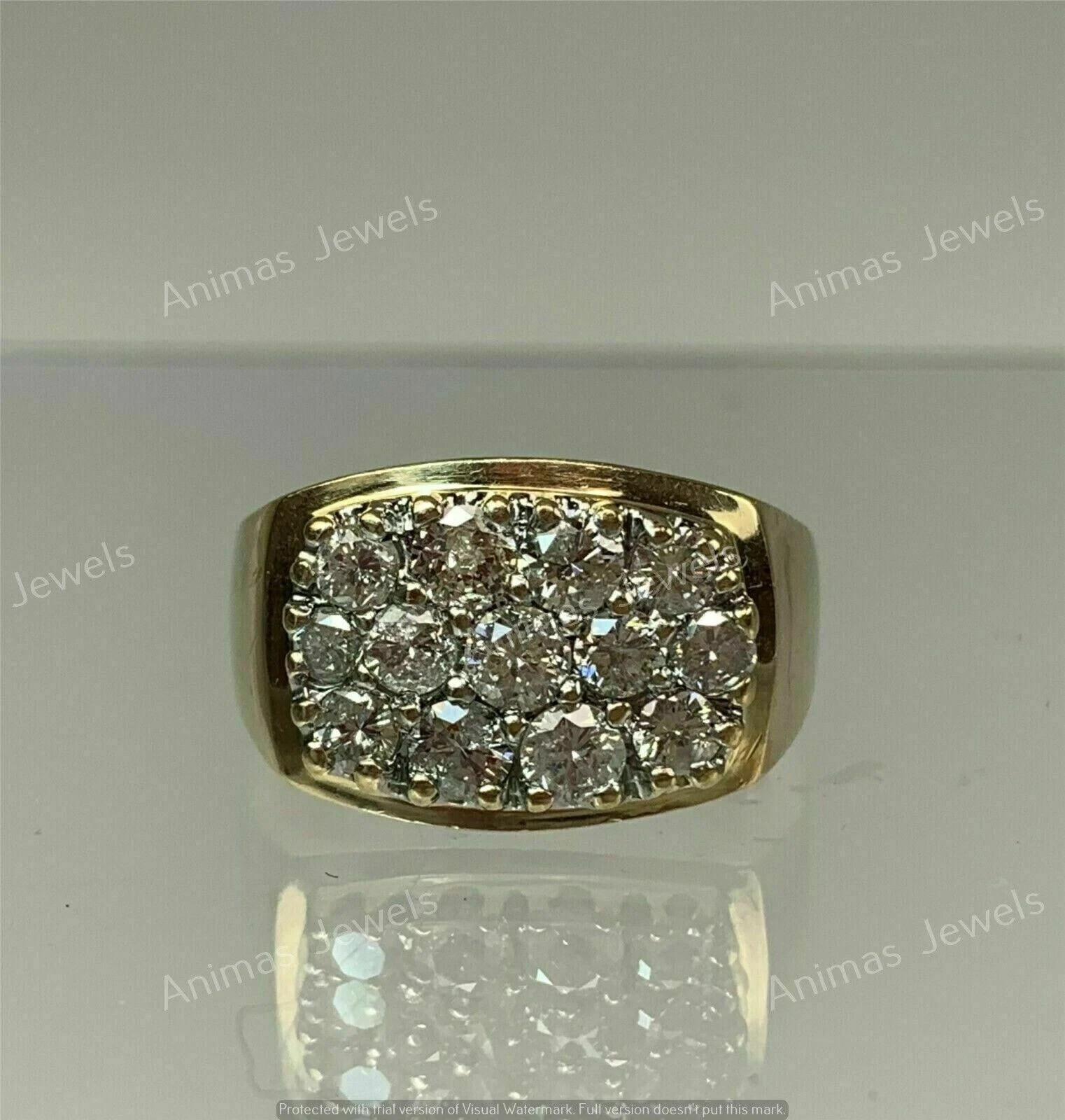 Real Moissanite 2Ct Round Cut Cluster Men\'s Wedding Ring 14K Yellow Gold Plated